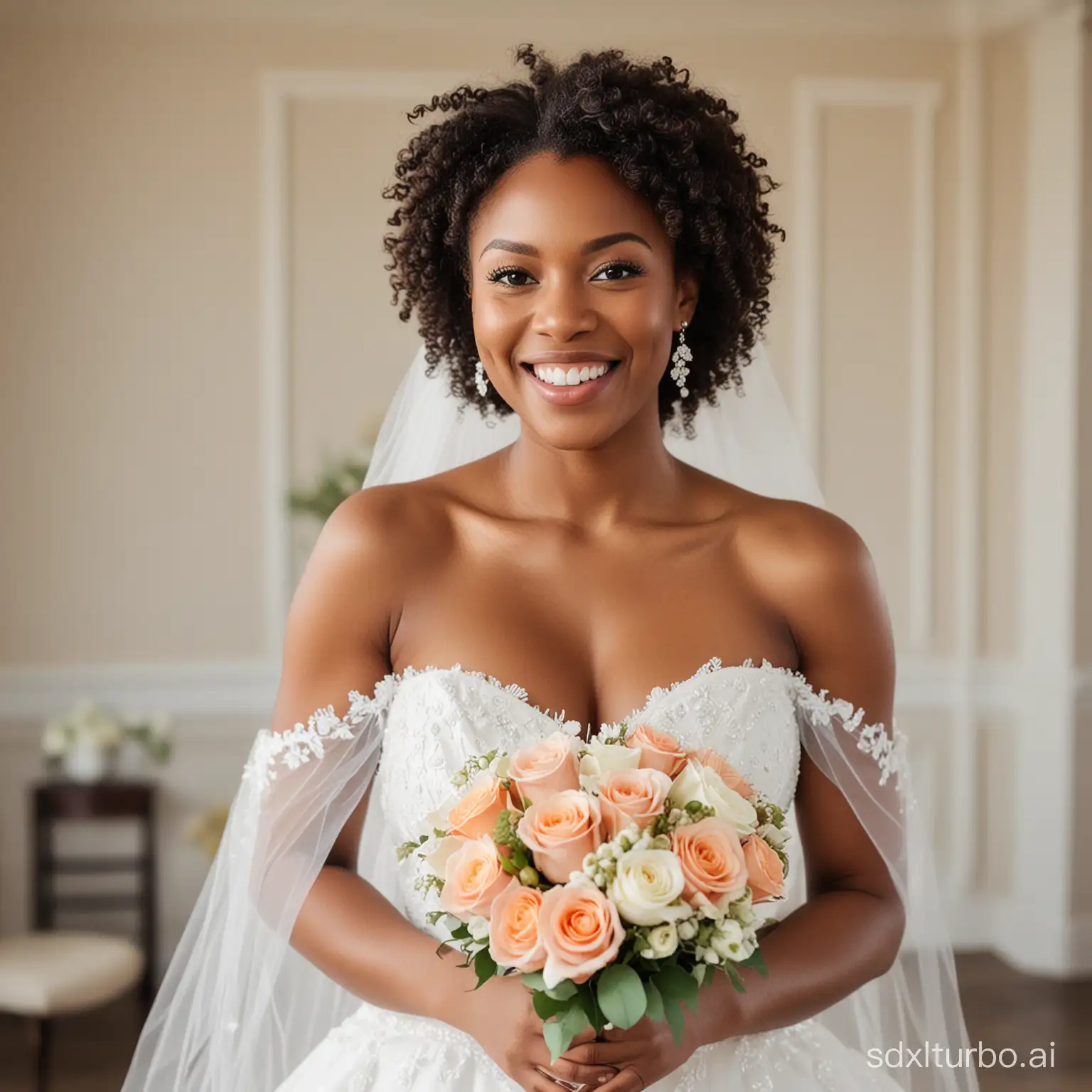 cute adult black female smiling while dressed in a wedding gown, holding a bouquet of flowers. The background should depict a joyful wedding reception atmosphere.