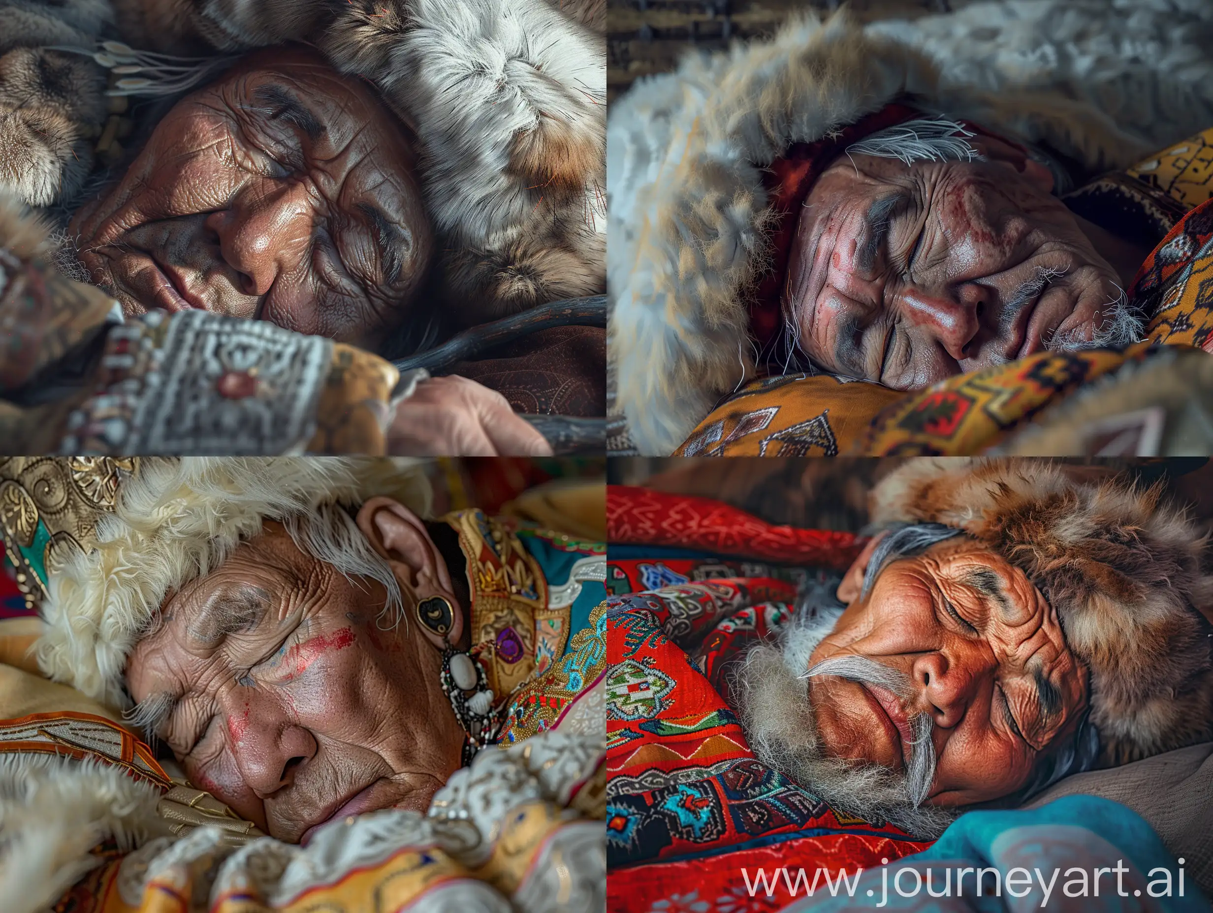 a buryat shaman sleeping peacefully and having sweet dreams, very realistic, 8K, HDR, closeup, very detailed