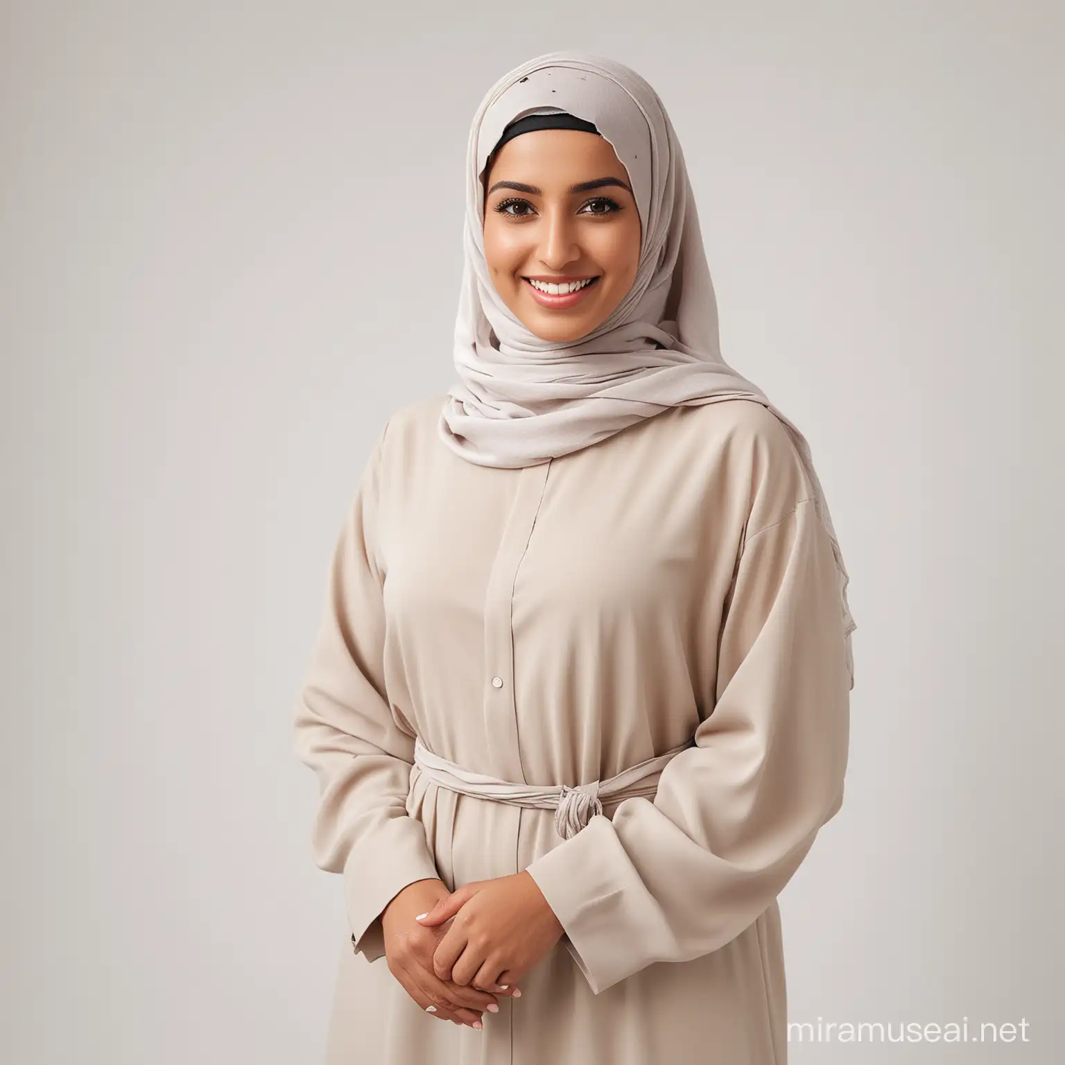 A (((Saudi woman))) dressed in a  conservative style, with a confident smile and wearing a Hijab, standing confidently against a (((simple, white backdrop))), suggesting empowerment and individuality