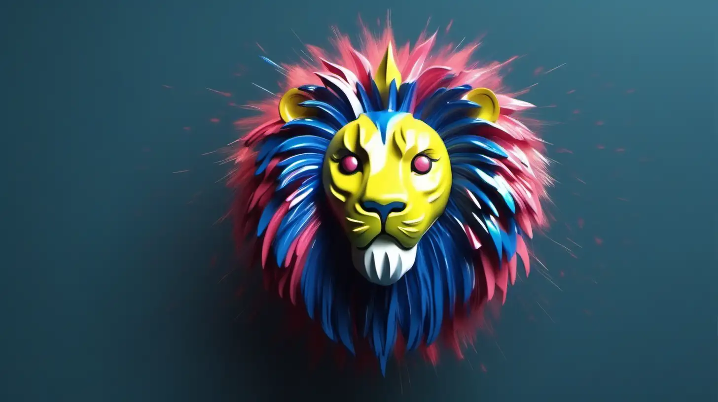 Majestic 3D Lion Head in Dark Blue and Pink Red Watercolor with Yellow Green Fireworks