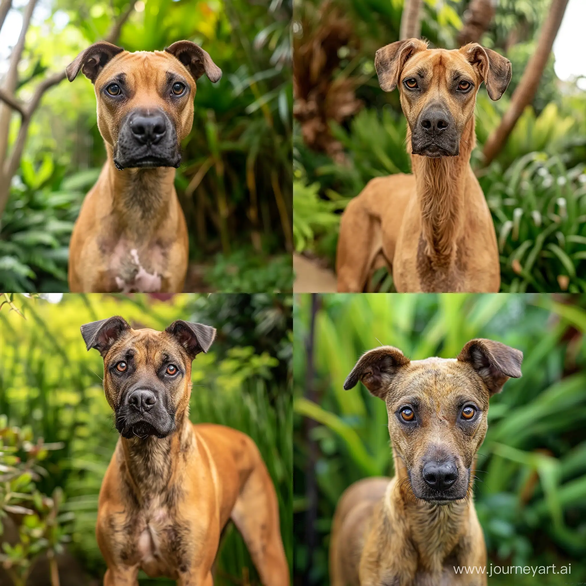 dog like camel with humps, humps, mixed with donkey, mix between a German Boxer and a Bulldog, coat color of an Irish Terrier, standing, looking directly into the camera, backdrop of a green garden