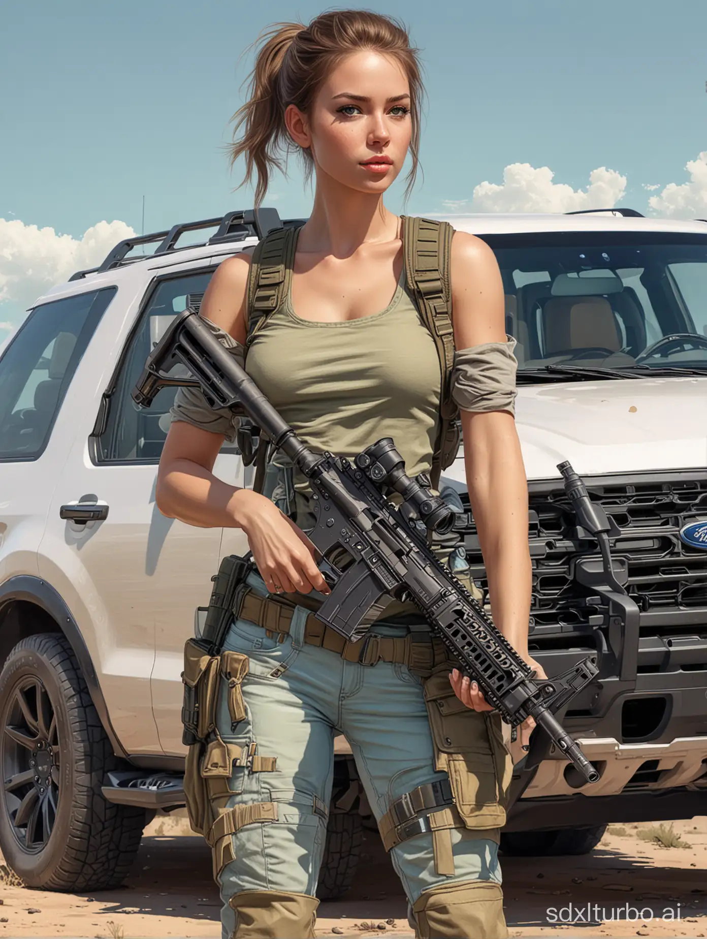 Colorful sketch drawing of tactical girl in summer casual outfit, fully armed, holding tactical AR15 assault rifle gun, standing in front of Ford Explorer, ultra-detailed, close-up, fine and accurate lines, Moebius style, high quality