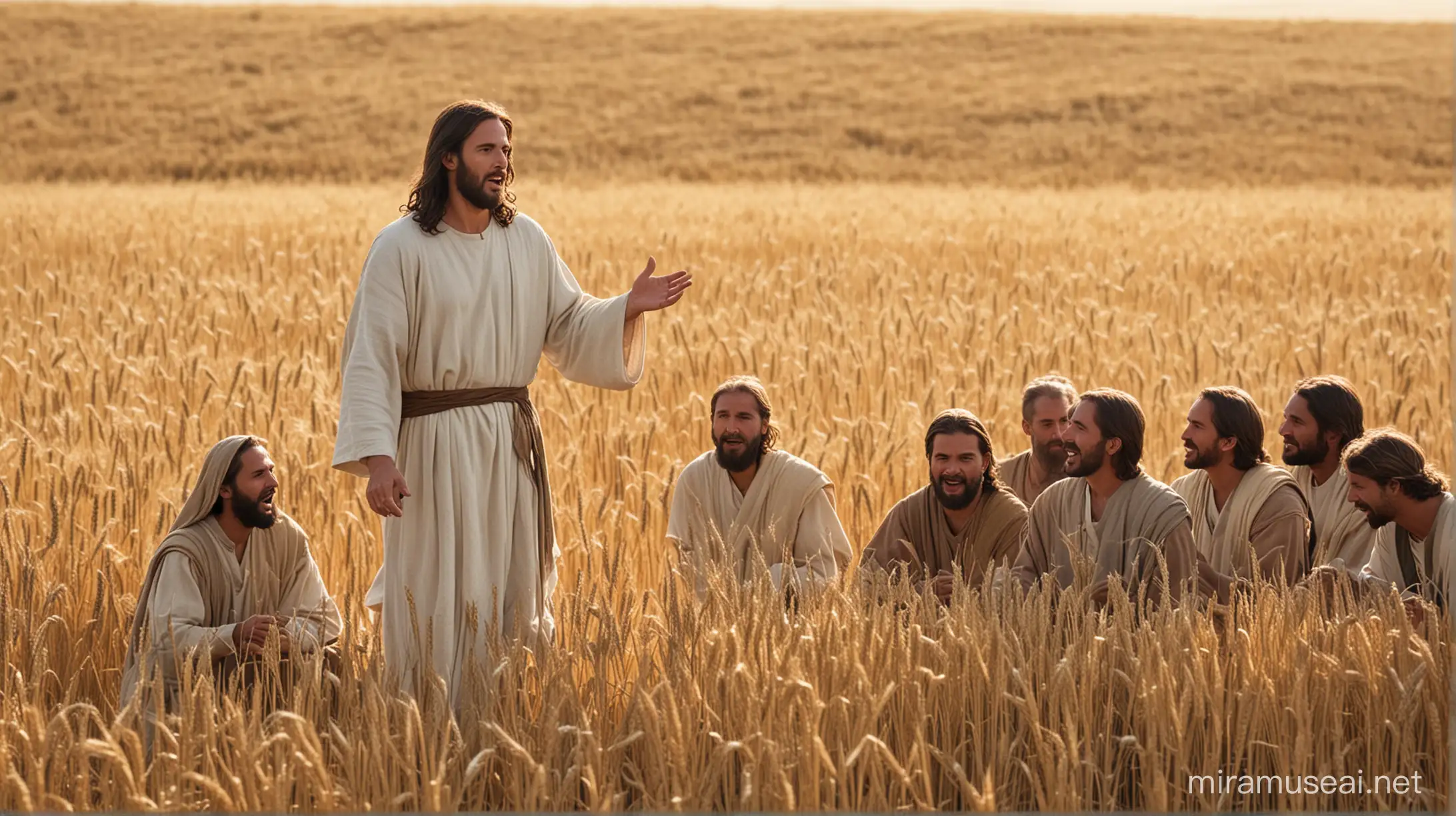 Jesus preaching to his disciples in a wheat field.