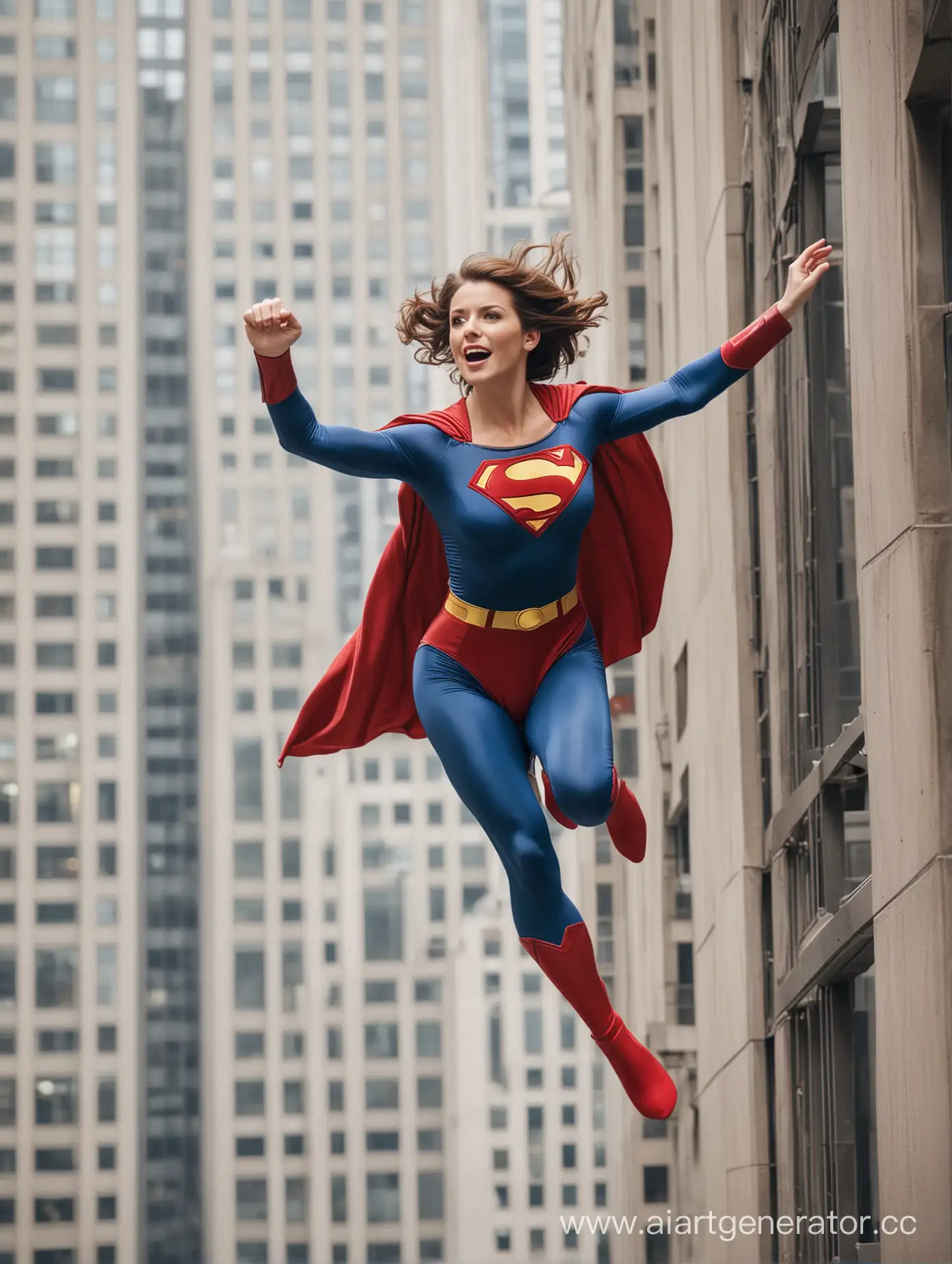 A beautiful woman with brown hair, age 40, She is leaping out of a skyscraper window like Superman, she is wearing the classic Superman costume