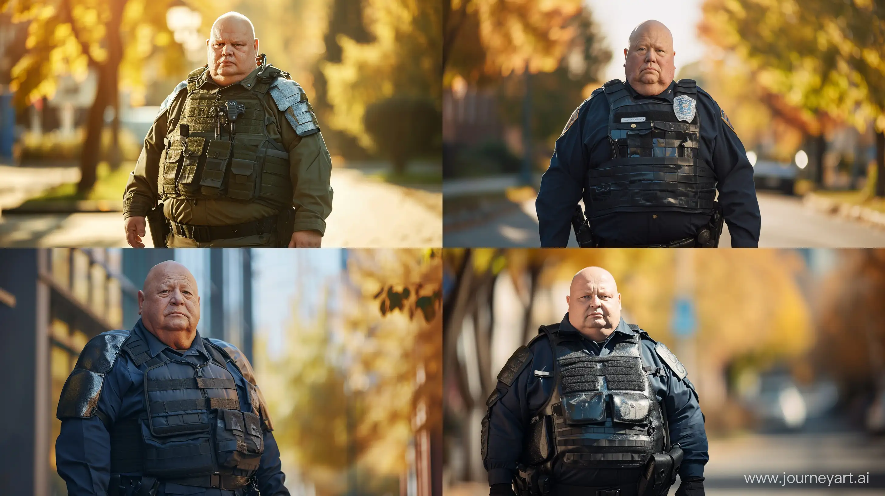 Full body photo of a chubby man aged 70. He is  wearing a slightly shiny full tactical police office uniform. Outisde. High-quality, --ar 16:9 --v 6
