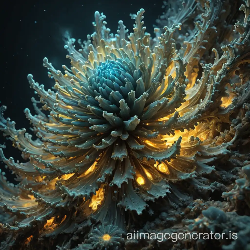 fractalism, embodied by the intense glow of bioluminescent organisms, reflects the magnetic aura of mandelbulb3d whose inner light shines through effortlessly