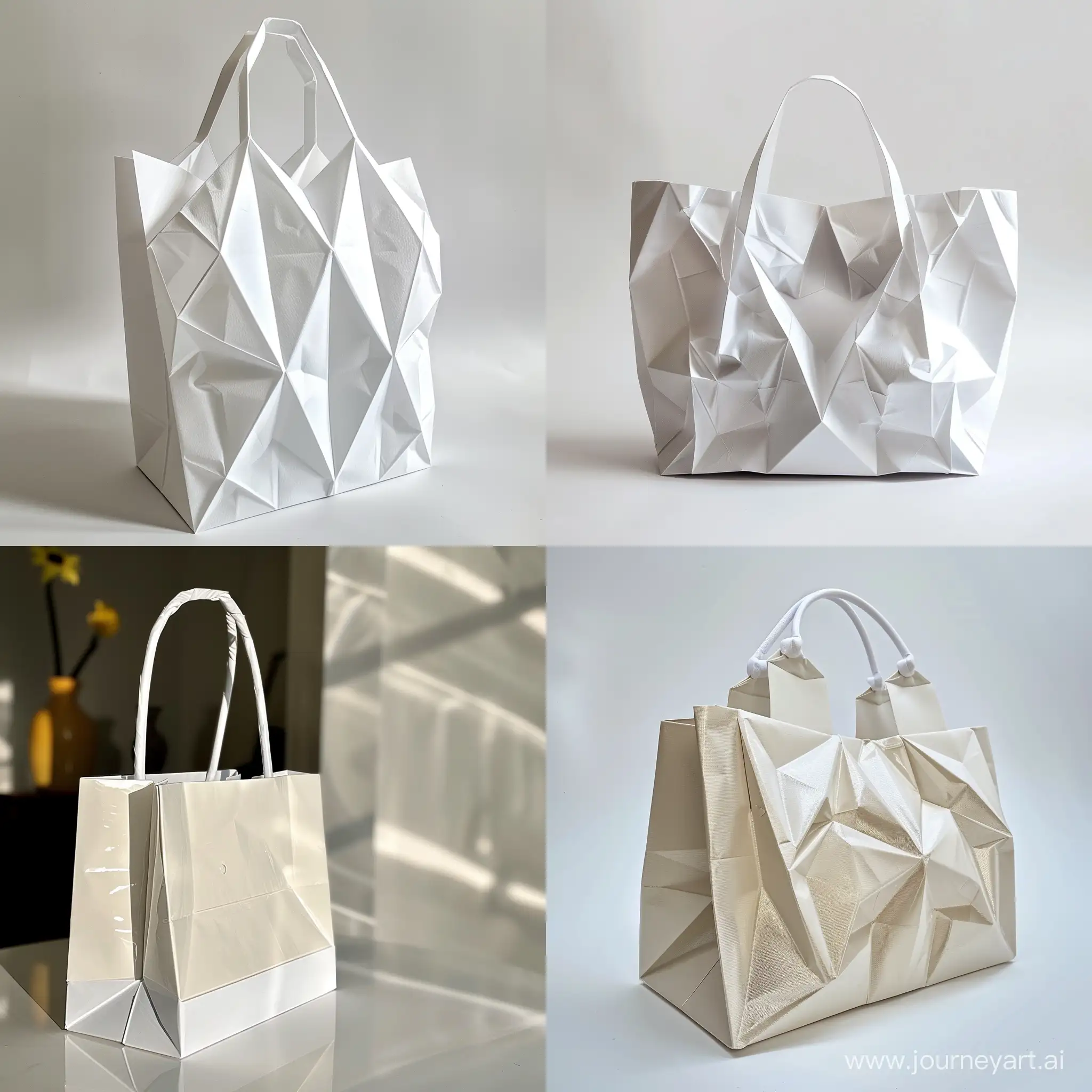 A paper handbag made of 170 gsm glossy white paper, measuring 44 centimeters in width, 32 centimeters in height, and with a gusset of 12 centimeters (expandable to 12 centimeters), featuring a standard white handle