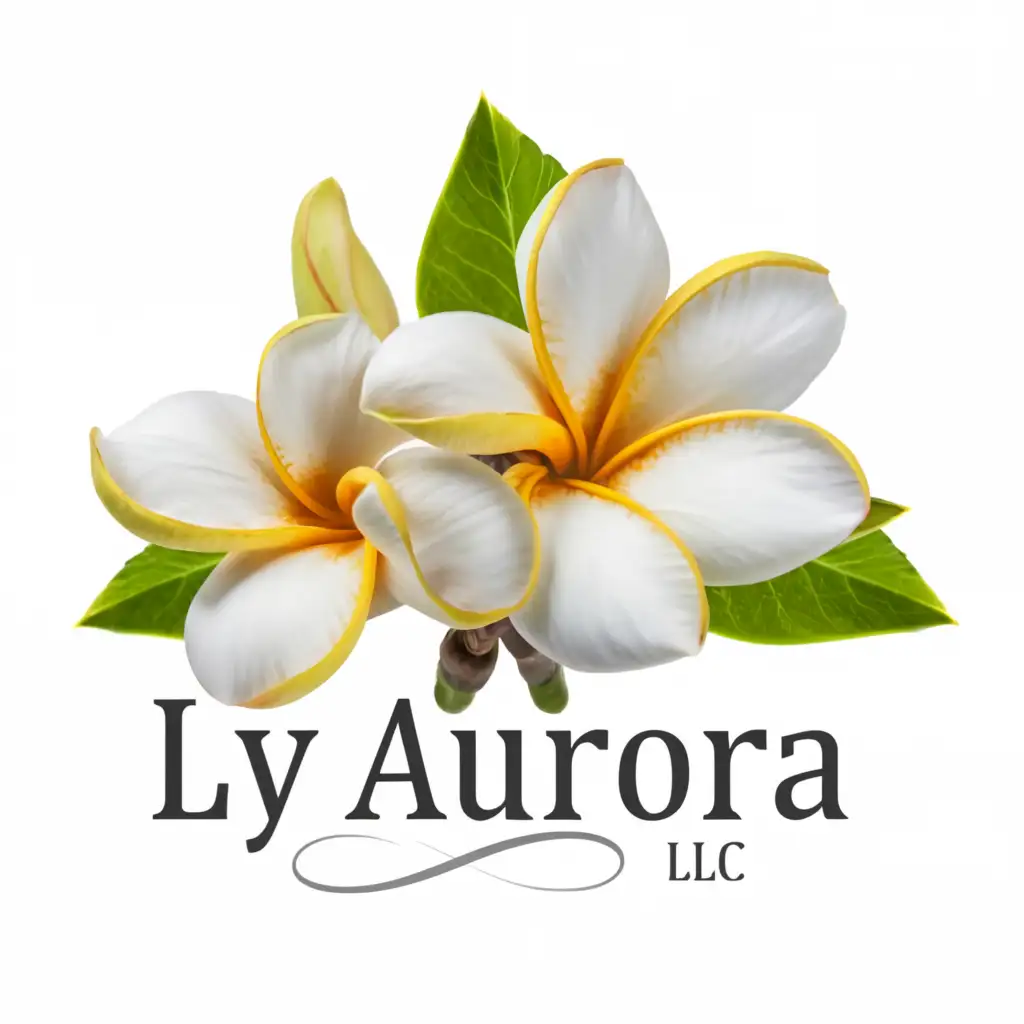 a logo design, with the text 'Ly Aurora, LLC', main symbol: White background, three D of a white frangipani flower with yellow center.  have elegant font., Moderate, be used in Events industry, clear background, mix with pink and purple color flower