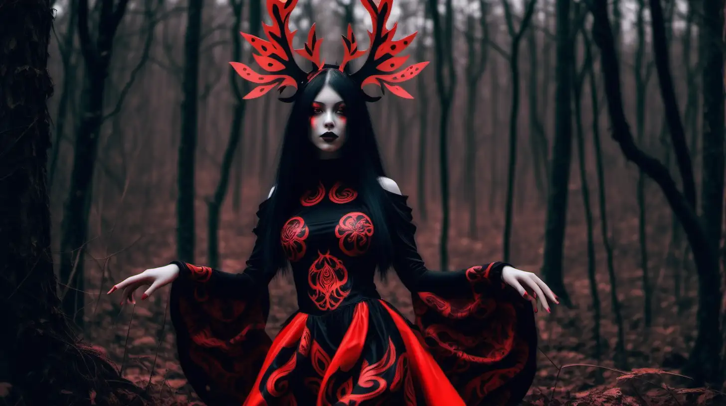 She is in the forest. She is beautiful.She have psychedelic style. She like magic.Her costume is black and red.