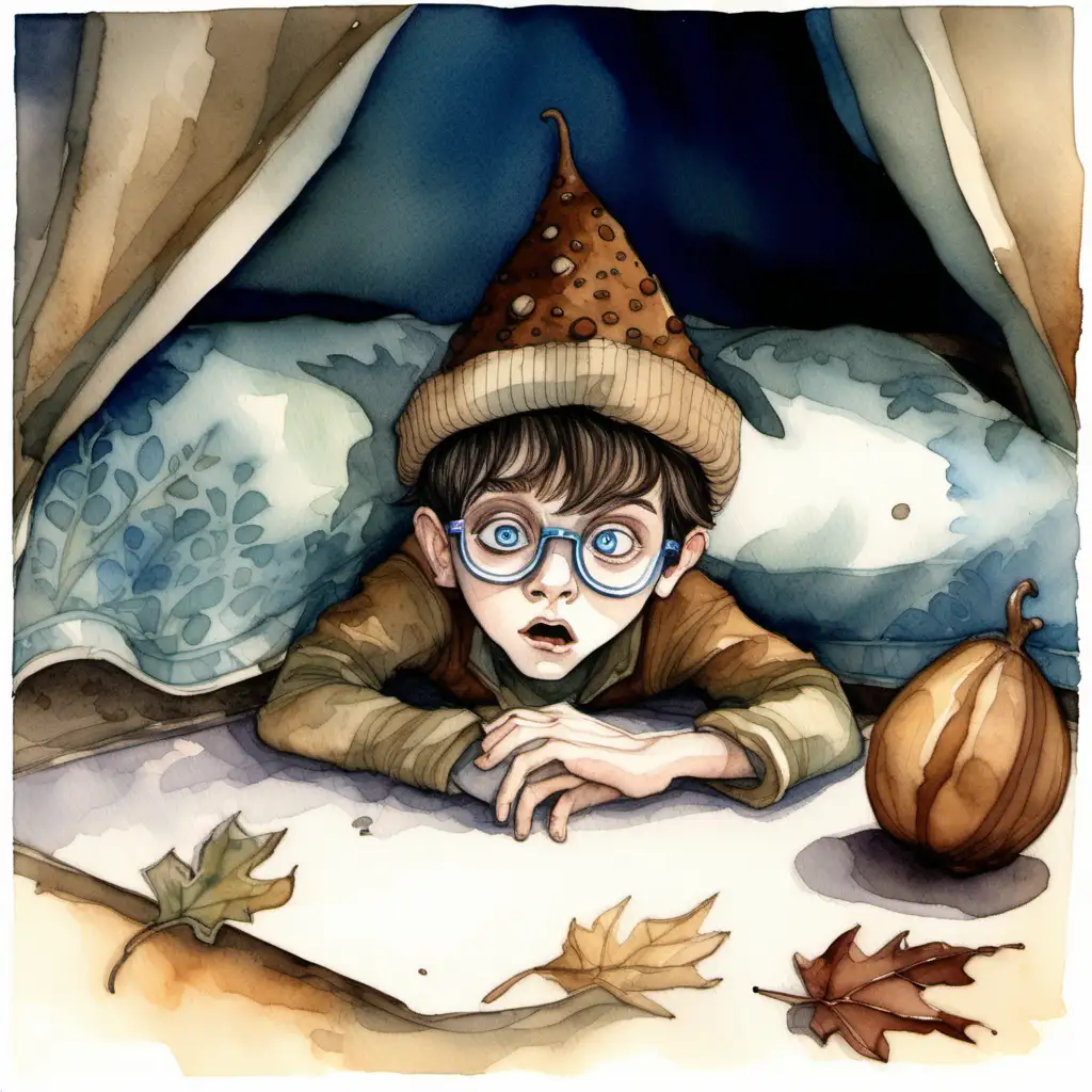 watercolour fairytale style painting of a frightened darkhaired blueeyed boy pixie wearing a brown acorn hat and glasses lying on the floor by his bed