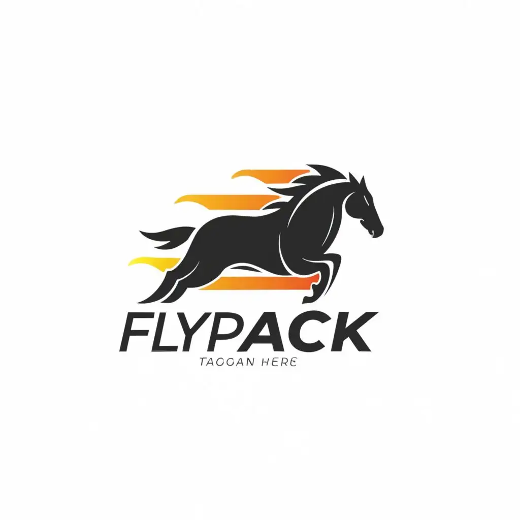 logo, A running horse + speed , minimalistic, with the text "FLYPACK", typography, be used in Restaurant industry