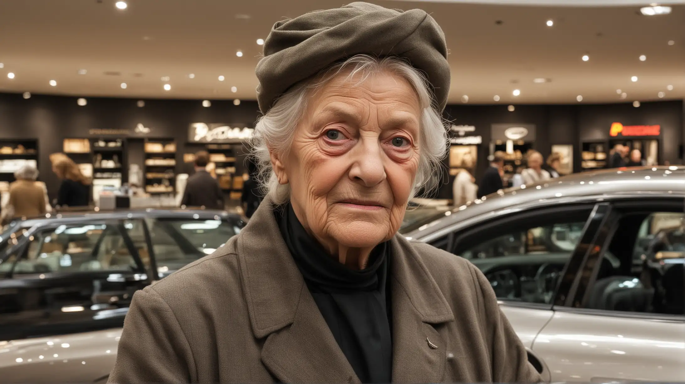 Elderly Lady in Luxury Porsche Showroom