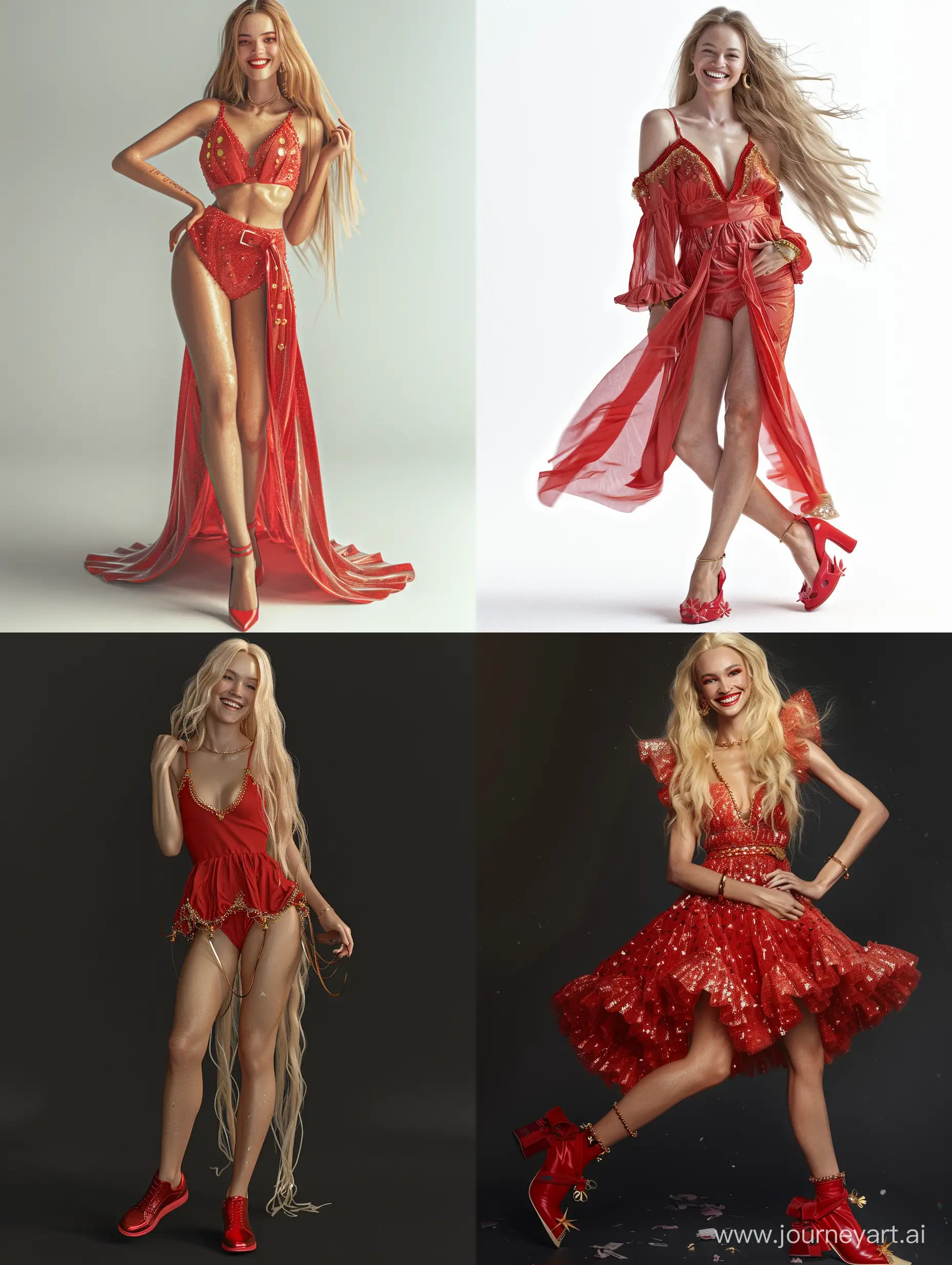 A sexy woman from 80s, red dress, Vogue design, Vogue style, smile, 80s materials, 80s details, 80s visual, 80s hair and dress, long blonde hair, pose, gold details, red shoes, detailed, real, realistic, photorealistic, vintage, retro, indie, classic, antique, tend, rosé and white aestethic, Vogue concept dress, special edition