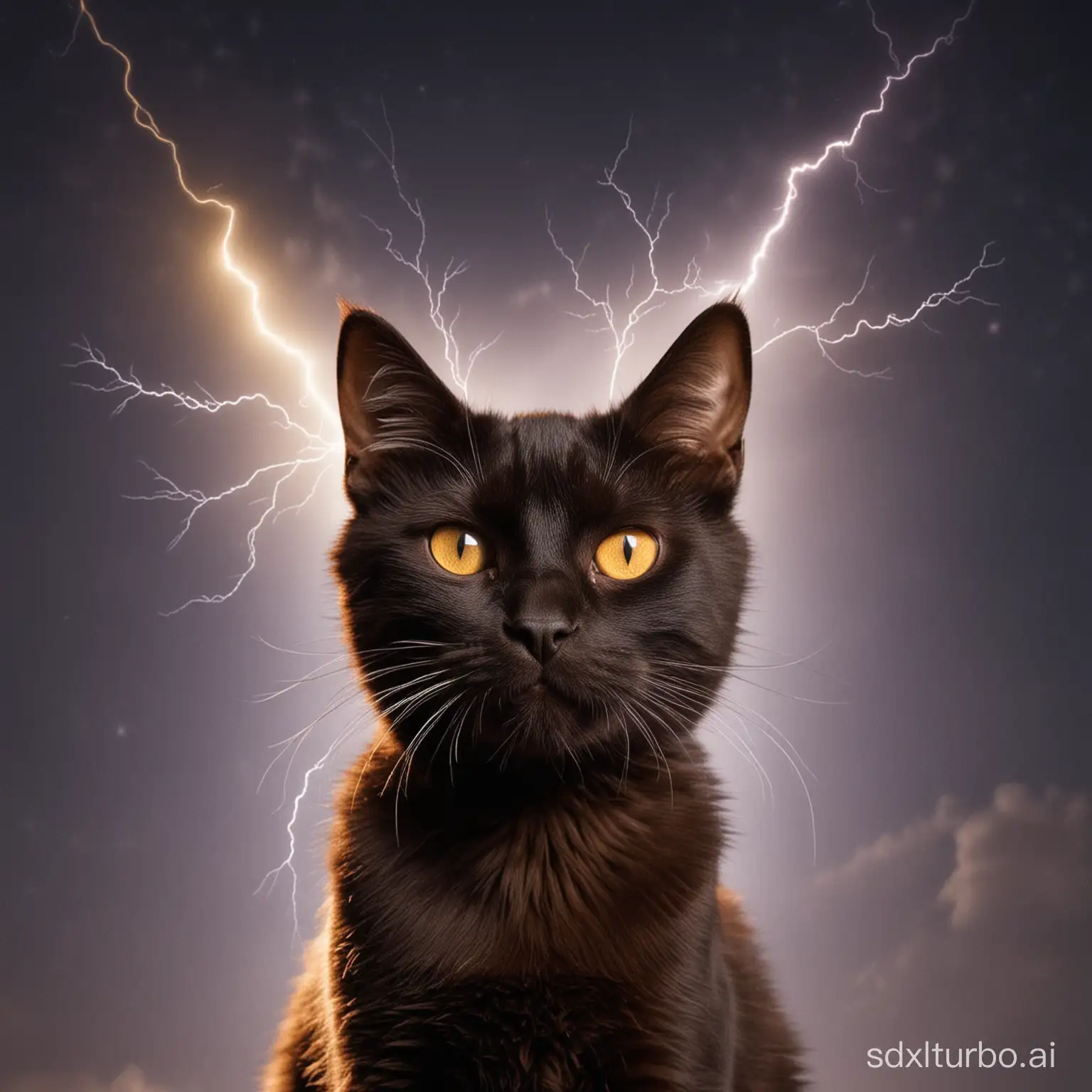 black and dark brown cat with a lightning bolt on its forehead happy