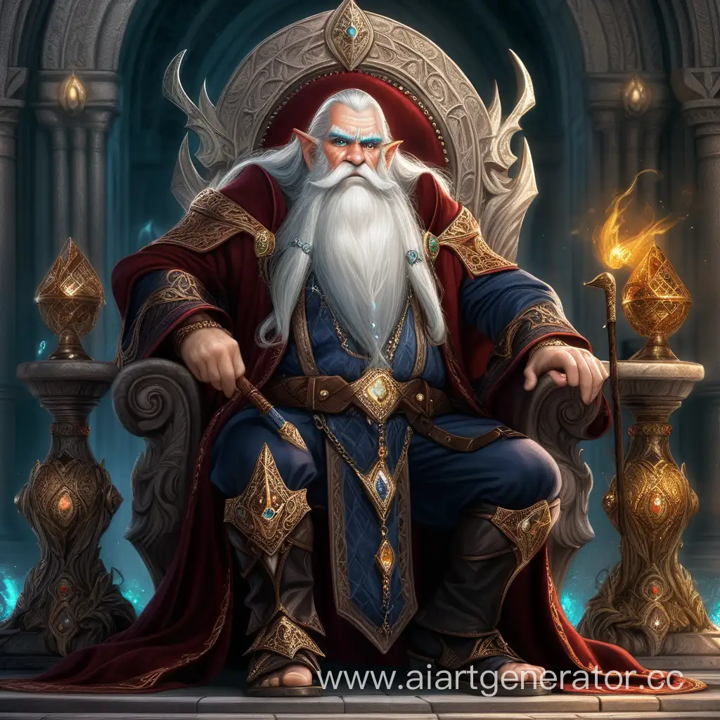 A dwarf man with long elven ears and blue eyes, a very long white beard to the waist and long red hair, dressed in rich and expensive dark clothes decorated with gold and precious stones, with a cane and rings on his fingers. He is a wizard of darkness. He walks through the throne room for negotiations.