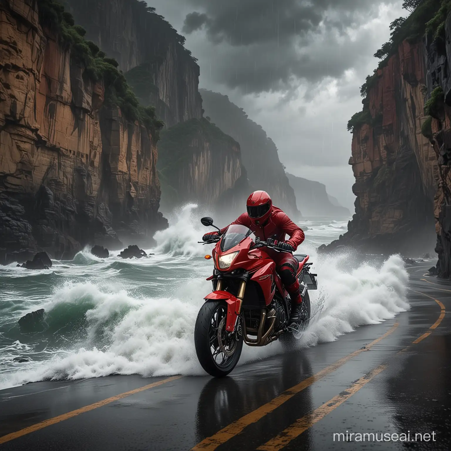 天上下着大暴雨，天气乌云密布，海浪拍打着悬崖，悬崖边的公路上，一辆摩托车正在疾速行驶，摩托车手穿着闪电侠红色服装
