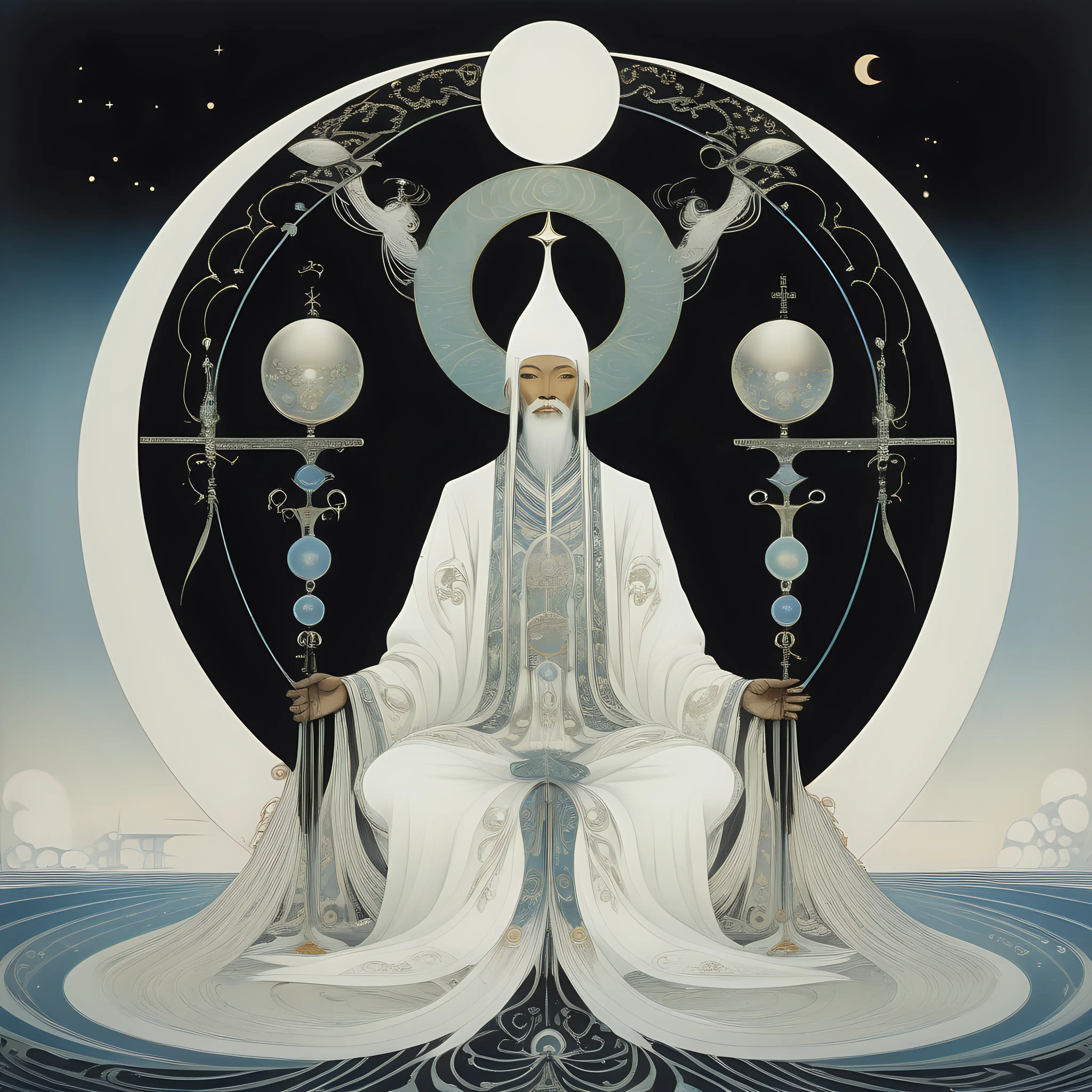 futuristic painting in kay nielsen style of a holy trinity of asian race, males