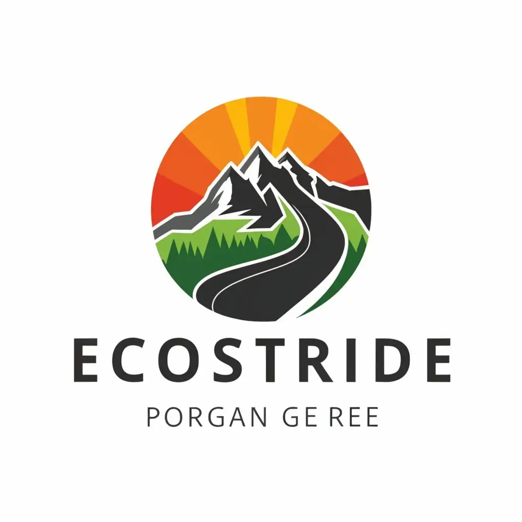 a logo design,with the text "ecostride
 move eco, live bold!", main symbol:mountain, sunrise, trail,complex,be used in Sports Fitness industry,clear background, tagline is- move eco, live bold. 