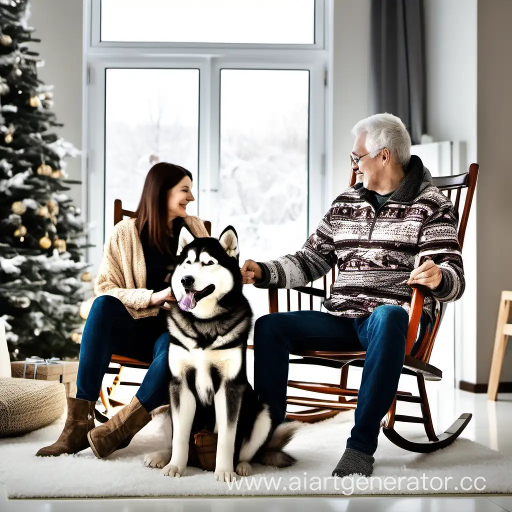 mom and dad, rocking chair, malamute dog, winter, cozy living room, new year