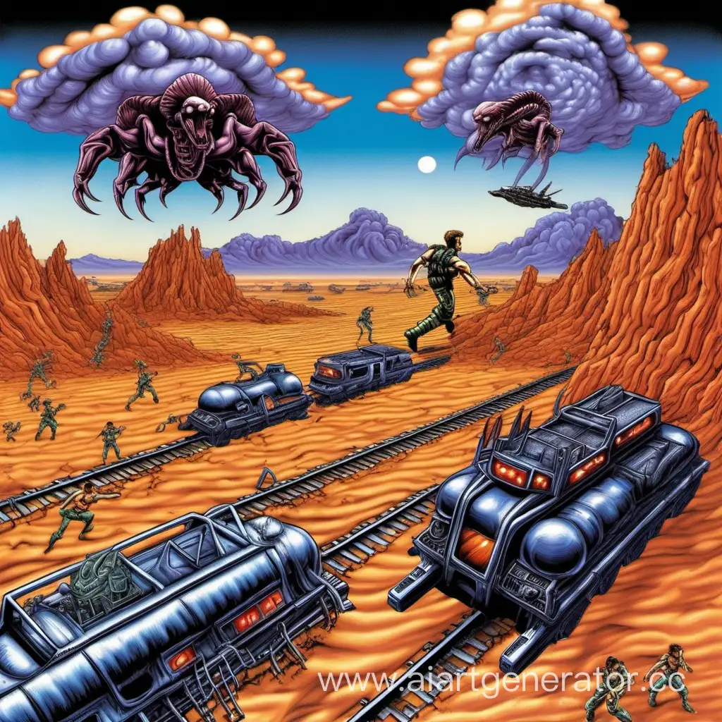 Contra 3: The Alien Wars. Билл Райзер и Лэнс Бин пепедвигаются по крышам поезда, как в фильме "Захват" и стреляют по пришельцам и в чужих. На заднем плане пустыня или дюны с облаками и небом