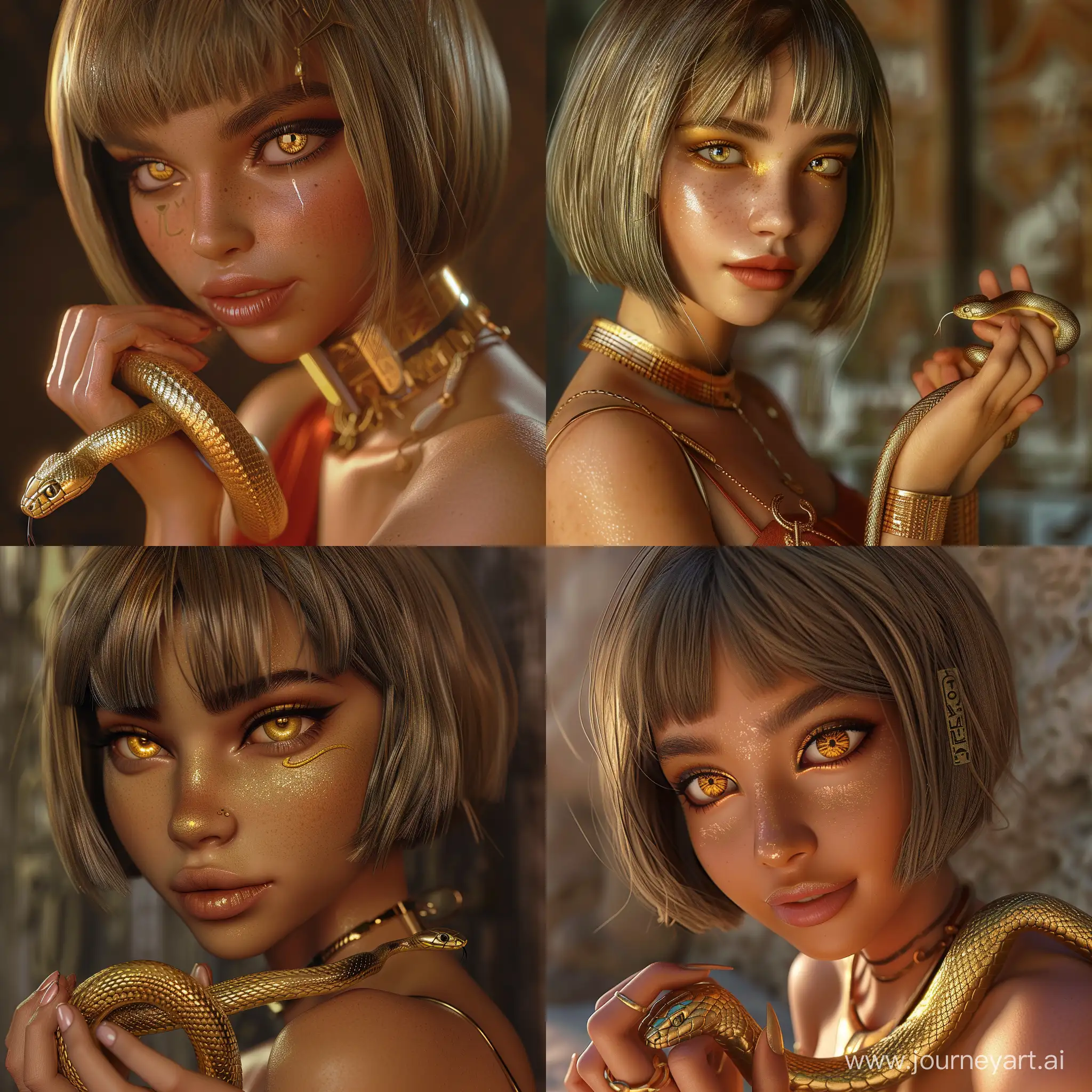 красивая девушка, с золотыми глазами, смуглая, египтянка, взгляд в сторону, прическа каре, держит золотую змею в руках, 3D art, render