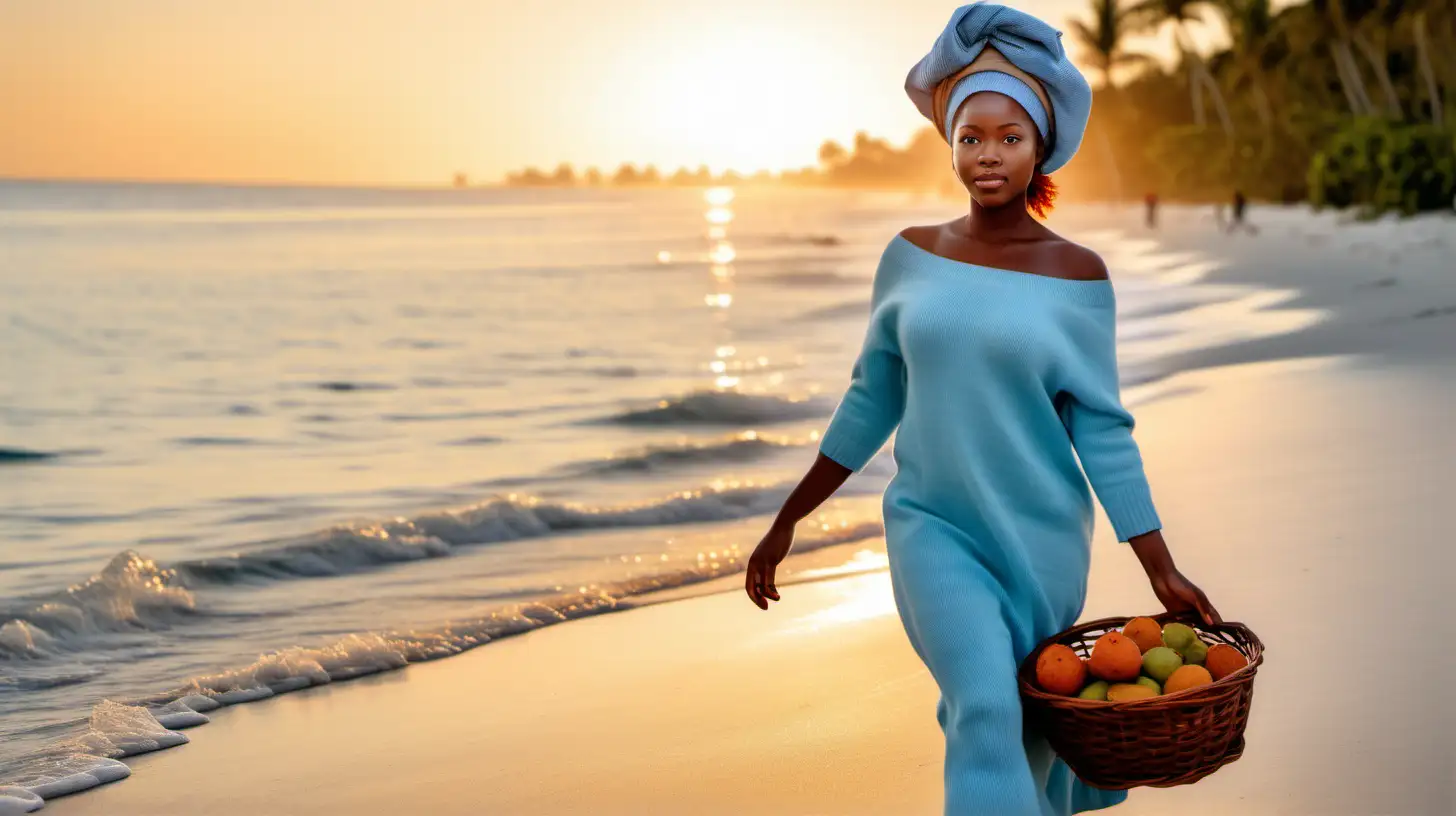 Beautiful Haitian women walking down beach at sunrise in a beautiful long with dress with a light blue sweater walking holding a brown woven fruit basket on her head