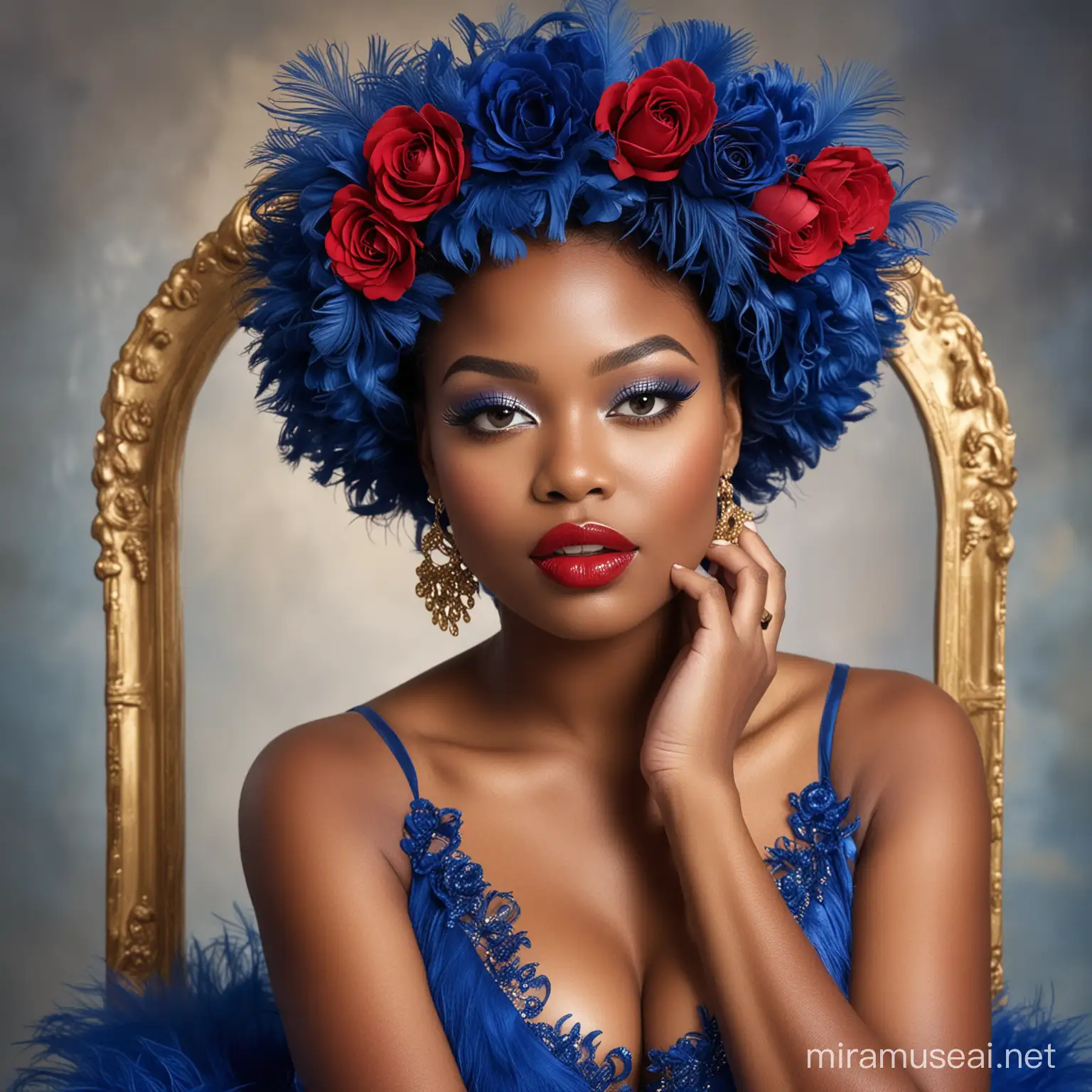 Illustrate gorgeous CURVY African American model WITH LARGE EYES, AIR BRUSHED SKIN, wearing a GOLD & BLUE floral headpiece WEARING RED LIPSTICK, SLIGHTLY SMILING,   roses. A sleevless bell shaped babydoll dress coverd in  ROYAL BLUE  Ostrich Feathers and STILLETOS high heel shoes covered in ROYAL BLUE roses. WEARING BEAUTIFUL JEWELRY, GOLD FINGERNAIL POLISH HOLDING HER HANDS OVER HER MOUTH She is SITTING ON A BENCH