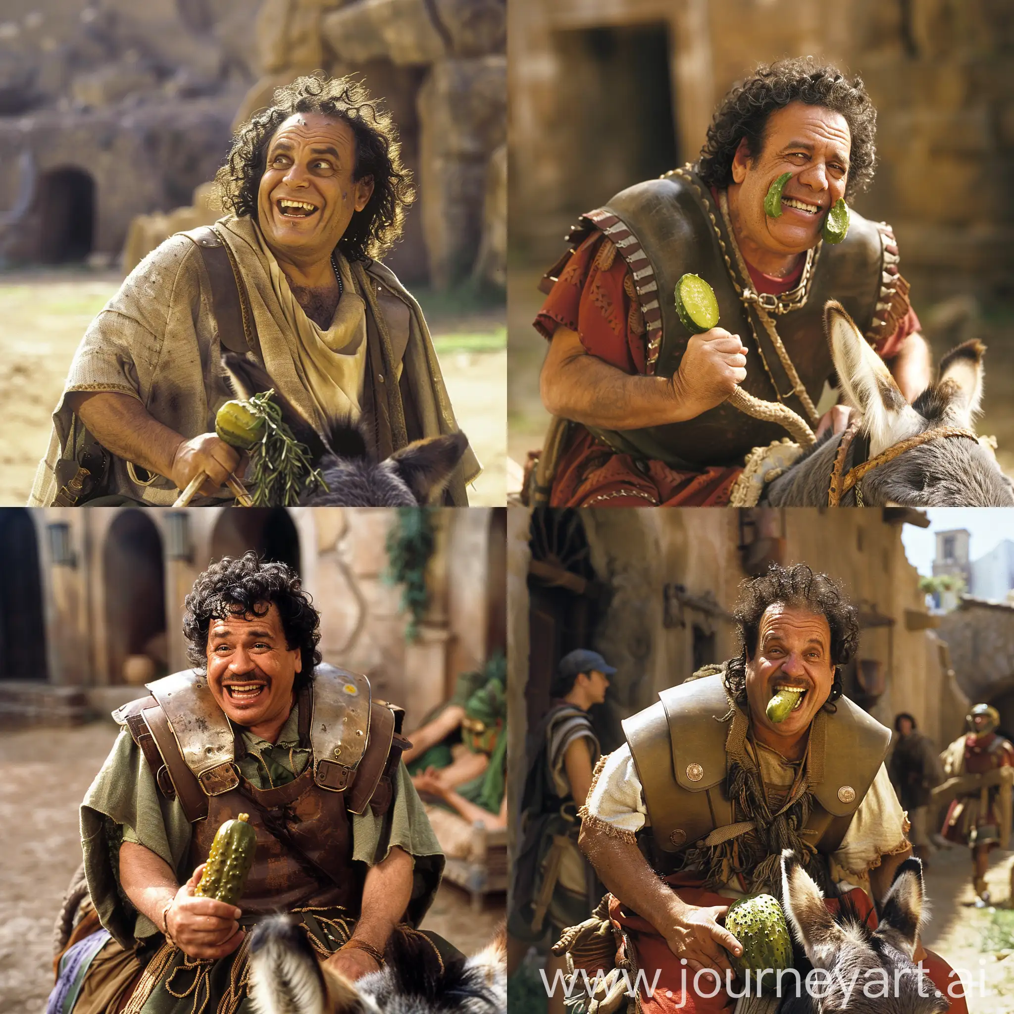 Danny devito smiling with a half eaten pickle and pickle juice coming out of his mouth while sitting on a donkey as an ancient roman in ancient roman times