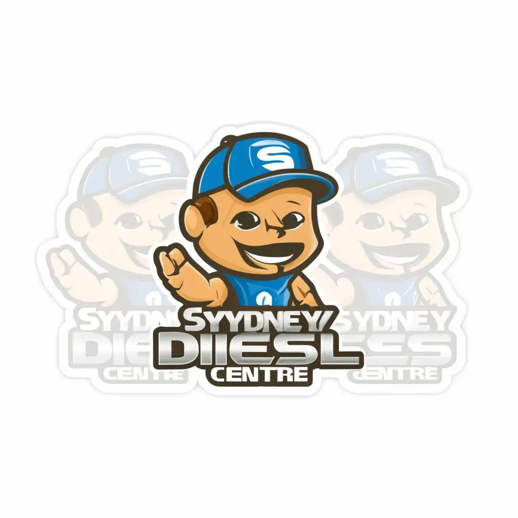 a logo design,with the text "Sydney Diesel Centre", main symbol:I need a cool die cast sticker with the attached Company mascot for Sydney Diesel Centre. 1boy, male_focus, solo, hat, smile, hands_on_hips, belt, facial_hair, looking_at_viewer, headphones, grin, chibi, brown_footwear, blue_headwear, standing, pants, blue_pants, english_text, wristband,Minimalistic,be used in Entertainment industry,clear background