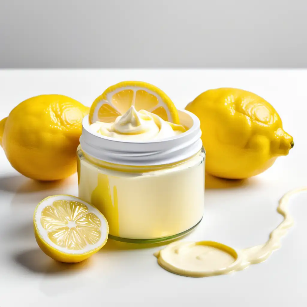 Lemon body butter inside a glass jar with no top on it with lemons used on the side and water splashed as a prop with white background with nothing on the front of the jar with NO label