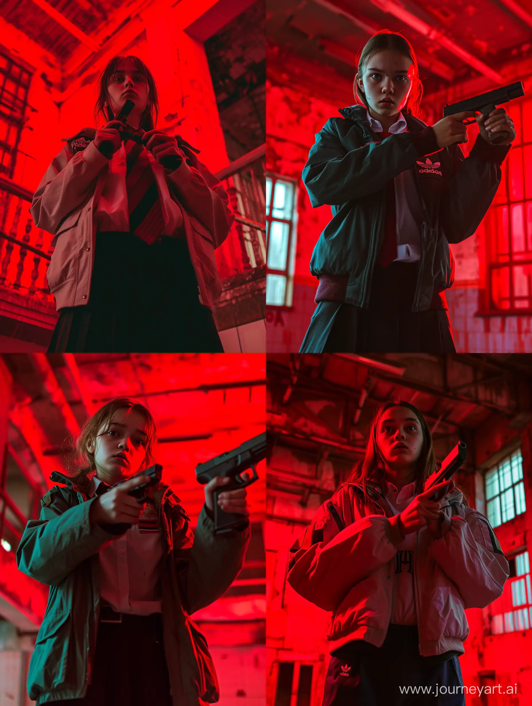 a russian girl of 16-17 years old in a school uniform and an adidas windbreaker stands tall with a gun in his hands and an anxious expression on his face, she is in an abandoned school, red creepy lighting