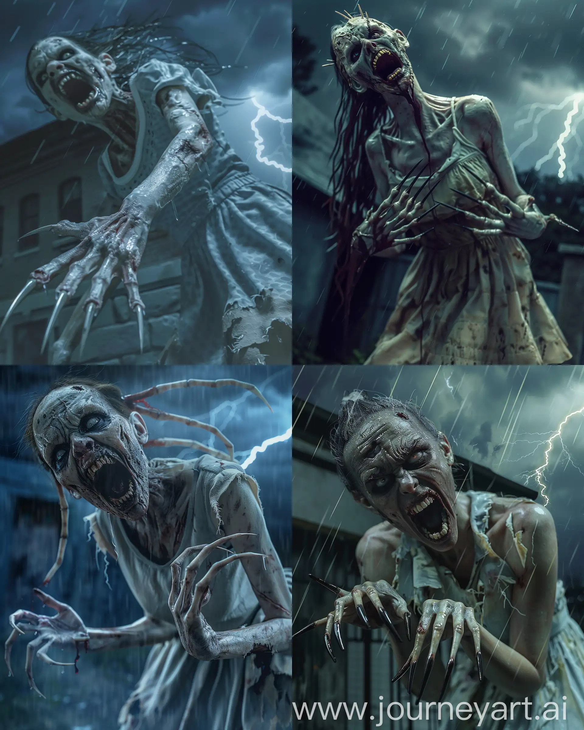 A Terrible zombie woman with long curved pointed nails protruding from her fingers like menacing claws, she looks like a who has climbed out of the grave, her mouth is threateningly open exposing pointed teeth resembling fangs, The scene takes place at night, in an abandoned building, hyper-realism, cinematography, high detail, the smallest details, horror, fear.photorealistic photography of a zombie woman with no eyes and a tattered dress, in the style of realistic hyper - detail, playful character designs, 32k uhd, grotesque, cabincore, necropunk, zombie, very dark stormy sky, lightning striking, torrential rain, professional photography, national geographic award winning photography, zombie stalking prey, close - up --ar 4:5