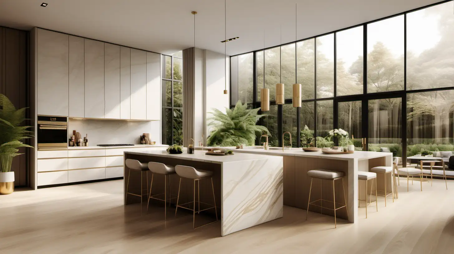 grand Minimalist open Kitchen; double height ceilings; Ivory, brass, quartzite colour palette; island with built-in table; oak flooring; large windows with view of the fern garden

