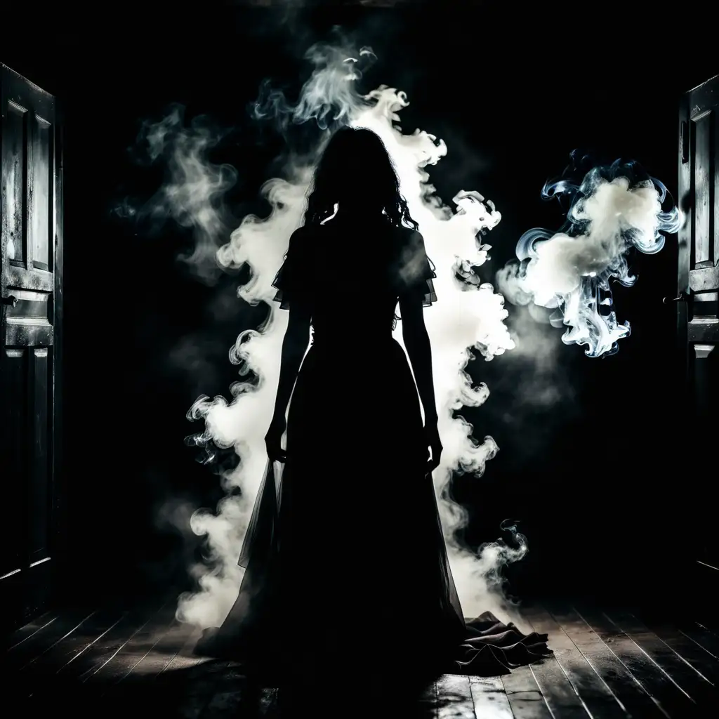 very dark mysthical woman in a dark smokey room. Siluette
