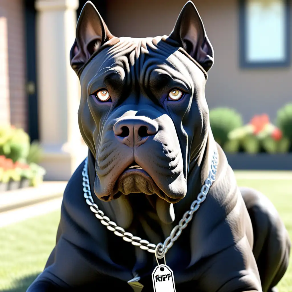 Giant male Cane Corso dog, jet black, a beautiful, lovable, sleek, stout, muscular, adventurous, and playful giant with a great big smile, dog tags says RIP