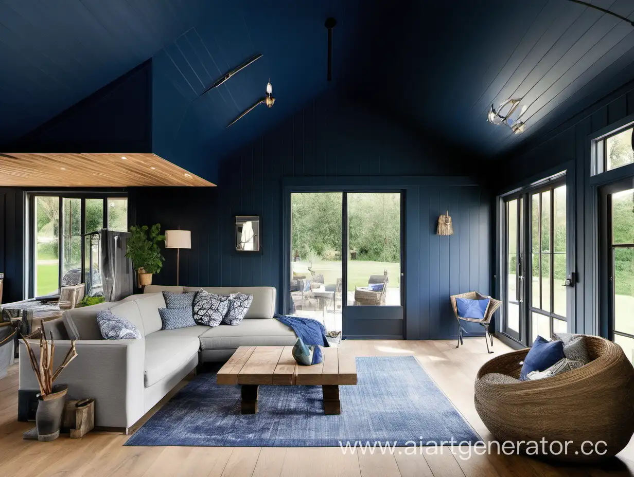 одноэтажный загородный дом в стиле barn house тёмно-синий с высотой потолков 2.2 метра