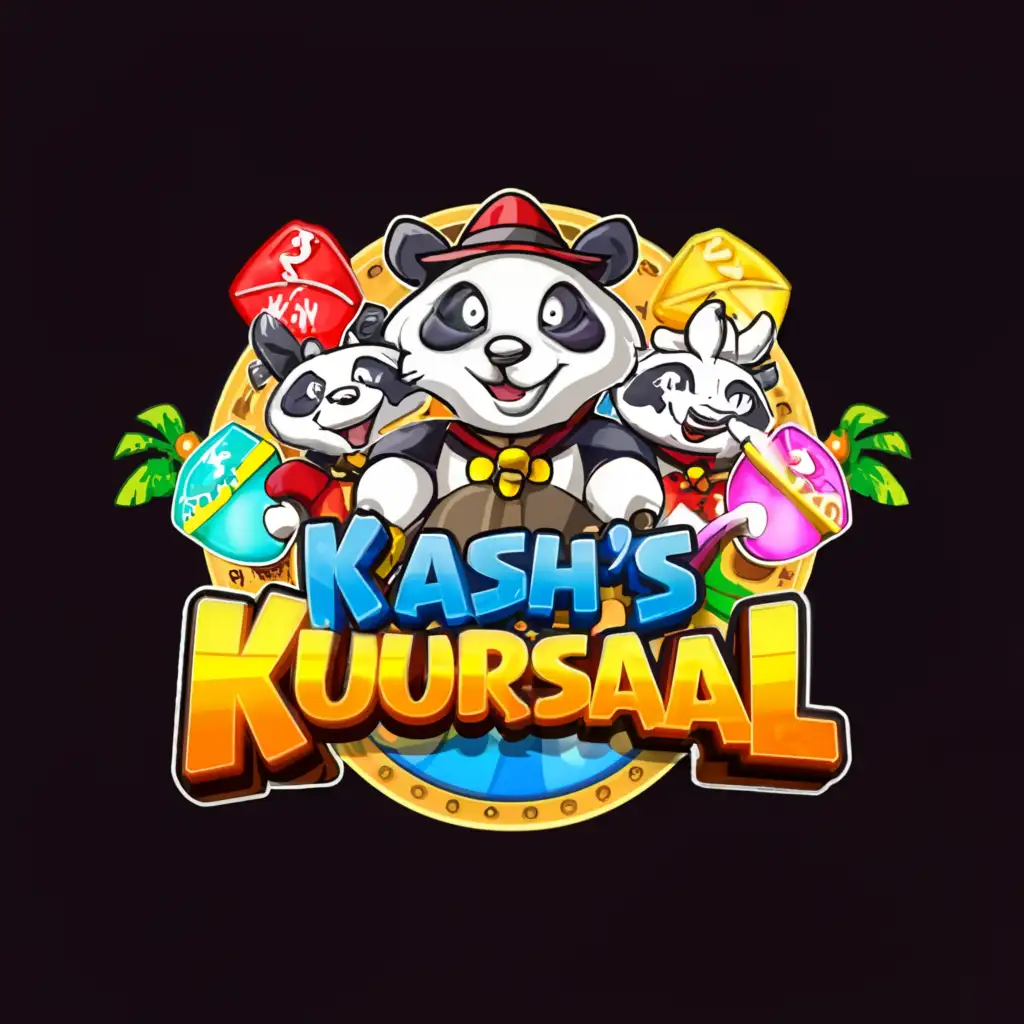 a logo design,with the text "Kash's Kuursaal", main symbol:casino slots, cards, chips, cash, smiling pandas,Moderate,clear background