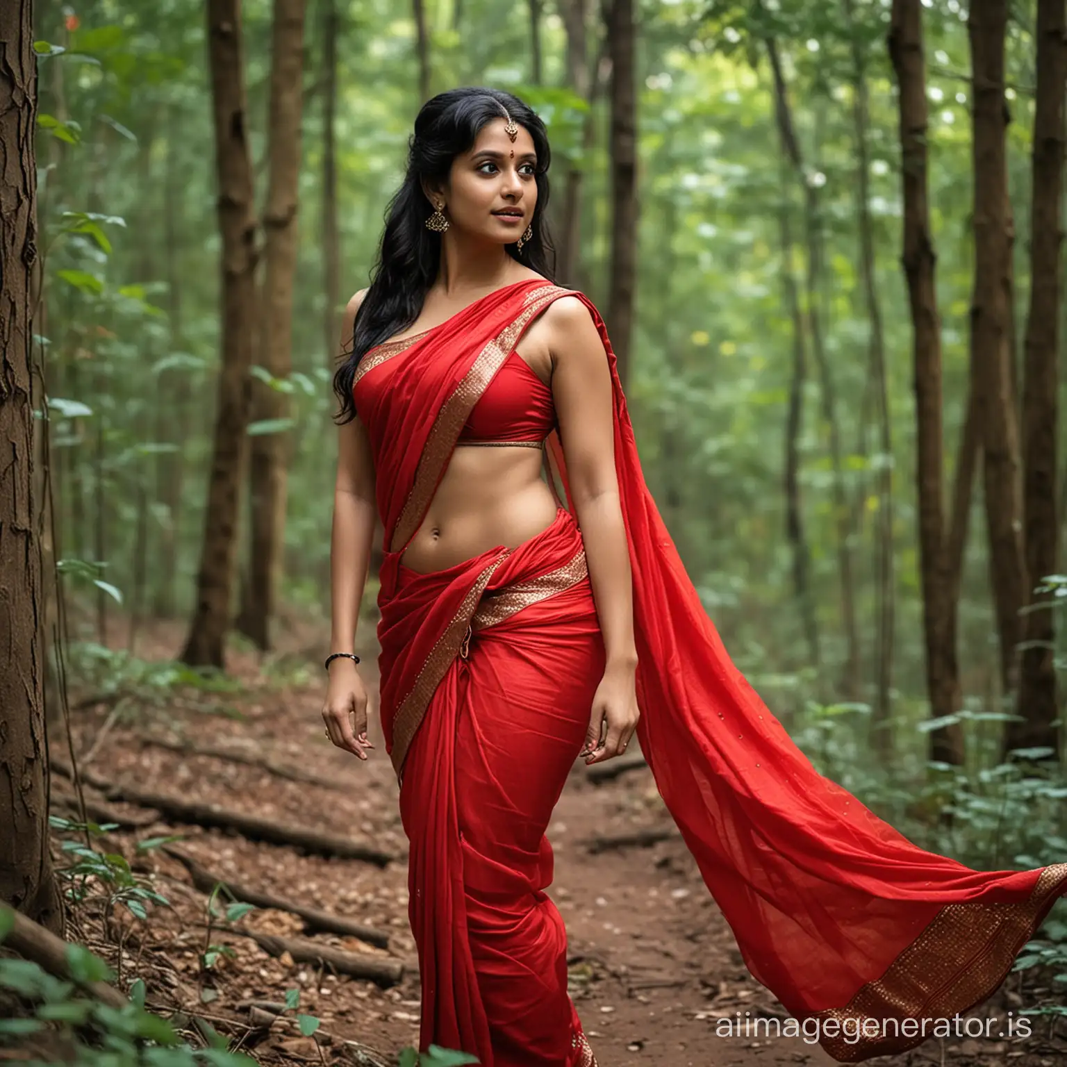 Erotic Women in red saree in forest