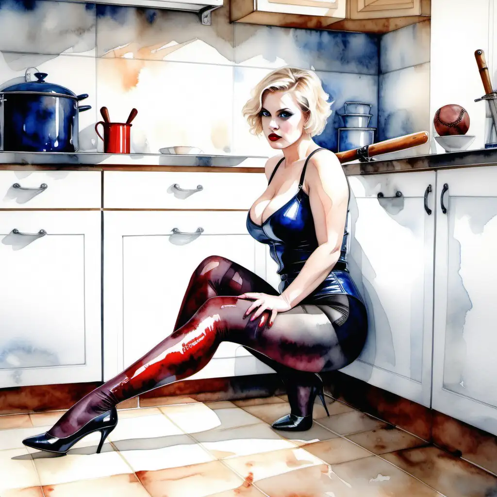Sexy big curvy, 
blonde woman, short hair, blue eyes, German style, in tights, stiletto heels, panties, dominatrix style sitting on the floor of a kitchen with a baseball bat in her hands. watercolor image