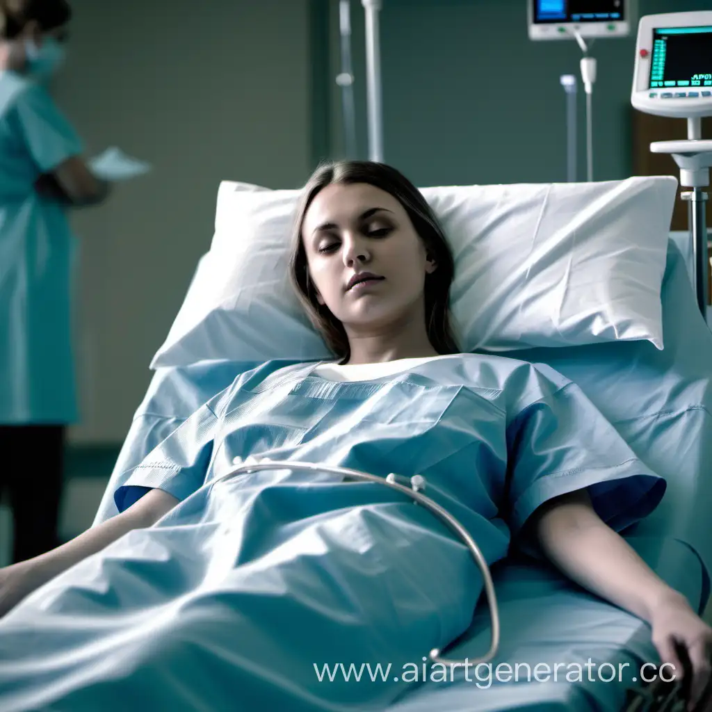 jung woman in patientgown lying flat in hospitalward waiting for surgery