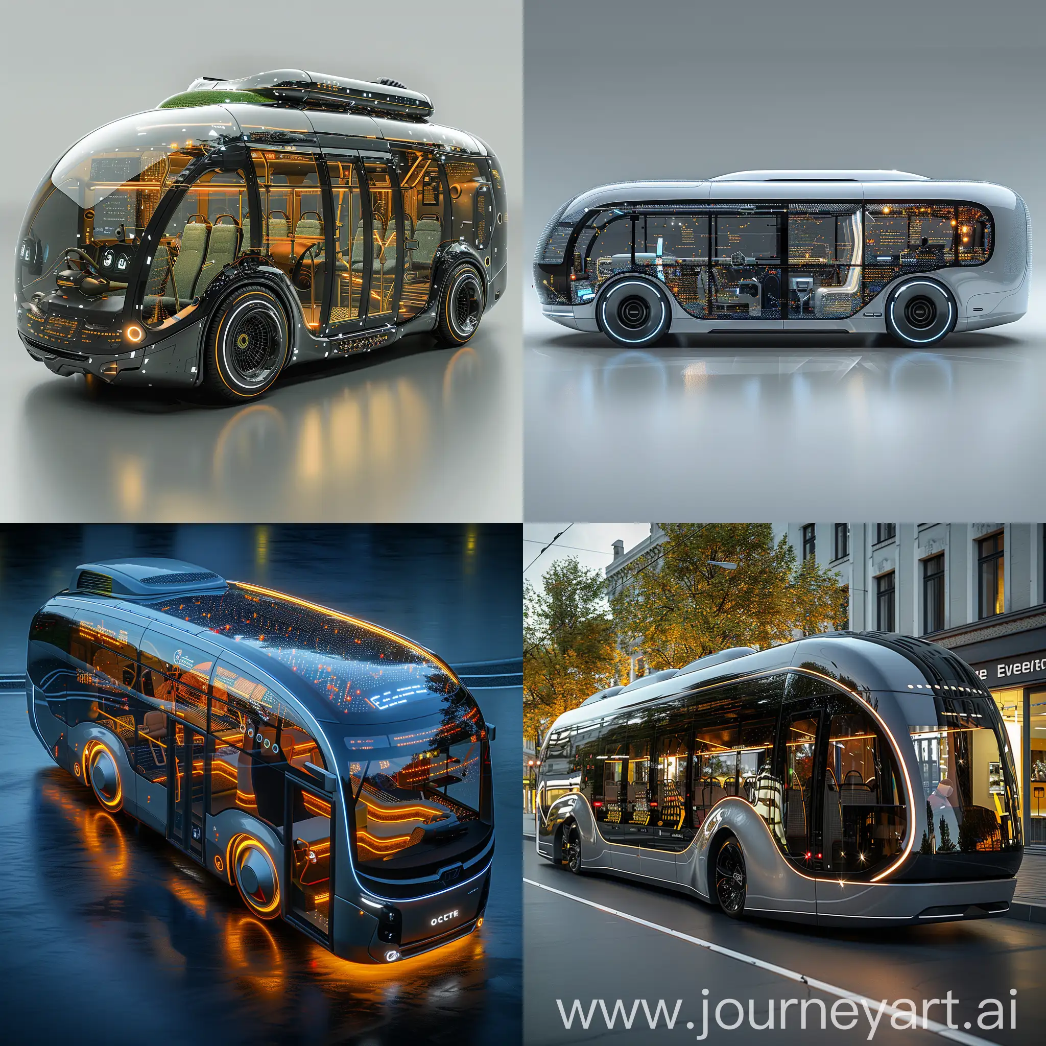 Futuristic bus, Electric Powertrain, Solar Panels, Regenerative Braking, Green Roof, Recycled Materials, Hydrogen Fuel Cells, Energy-Efficient LED Lighting, Automatic Shut-Off Systems, Low Rolling Resistance Tires, Smart Energy Management System, Autonomous Driving, Advanced Safety Systems, Augmented Reality Windows, Biometric Sensors, Wireless Charging Stations, AI-Powered Navigation System, Onboard Wi-Fi, Smart Seating, Interactive Displays, Air Quality Monitoring System, Self-Healing Materials, Nanocoatings, Nanoparticle Air Filters, Nanotech Lubricants, Nanosensors, Nanogenerators, Nanomaterial Composites, Nanoparticle-based Energy Storage, Nanoscale Thermal Insulation, Nanotech Transparent Displays, octane render --stylize 1000