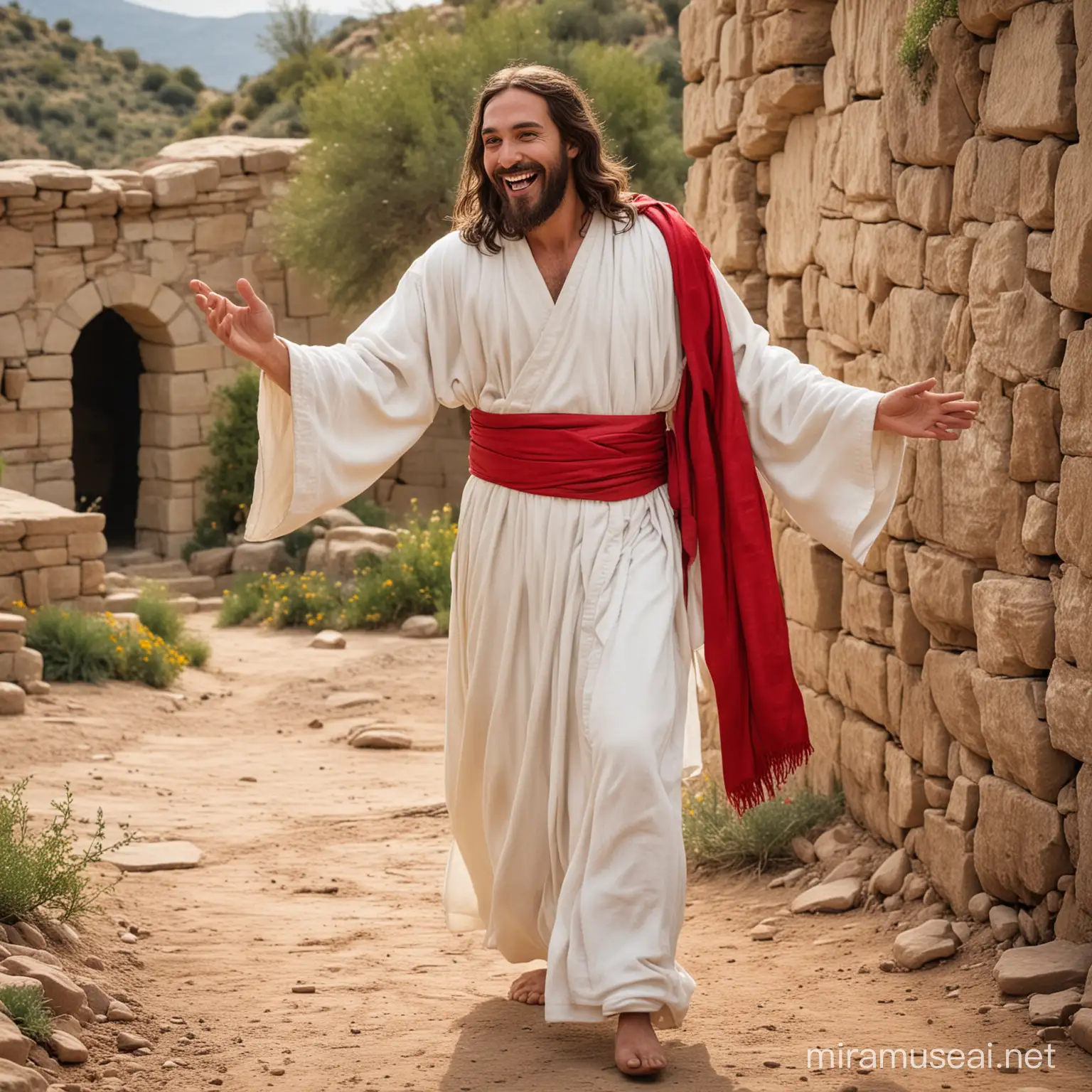 Jesus leaving his natural stone tomb, cheeky grin, happy to be resurrected, about to dance. Wearing a white robe with a red sash around his waist only. Full body