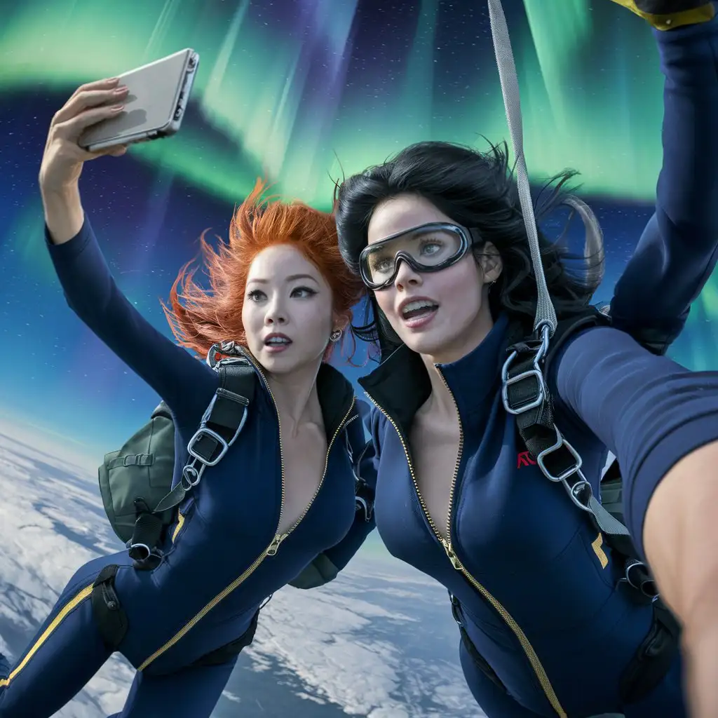 two women, one Japanese, petite with red hair, the other English, curvy with black hair, solo skydiving, separated.  The photo is a selfie, looking up with the Northern Lights in the sky. They are wearing goggles. They are wearing flight suits with the zip down to the waist