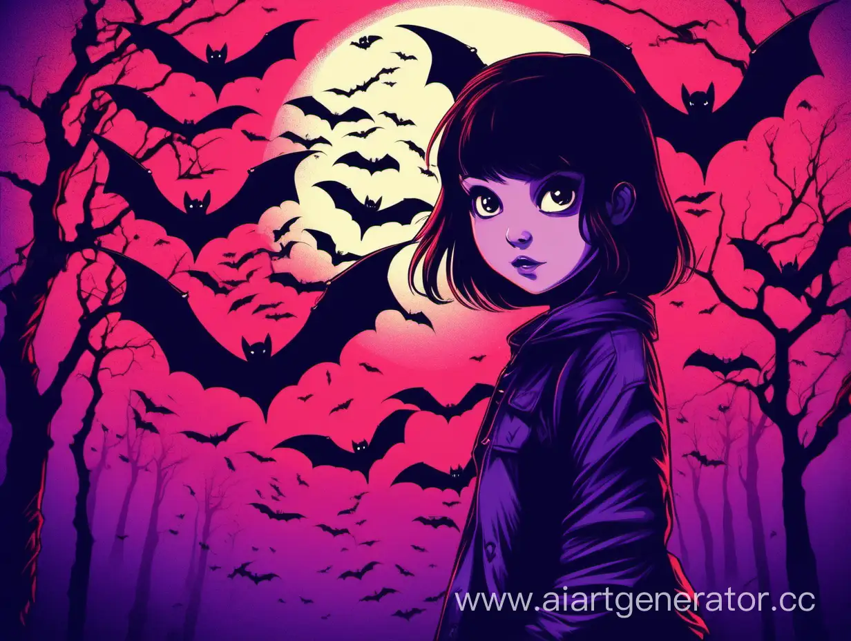 girl and bats in red blue purple backround