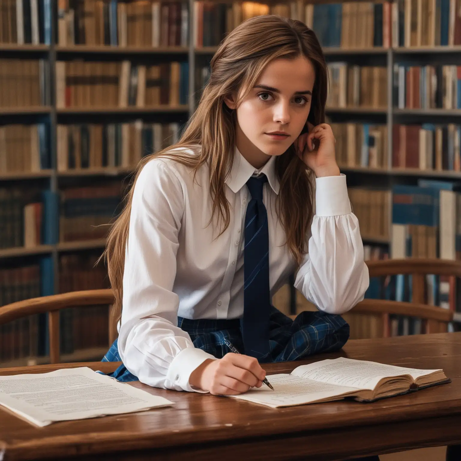 dans bibliothèque, assise à une table Emma Watson cheveux très long, songeuse, chemise blanche polyester manches longues et cravate bleu et jupe courte plissée bleu roy à carreaux bleu foncé et moccasins noir ecrit une love letter