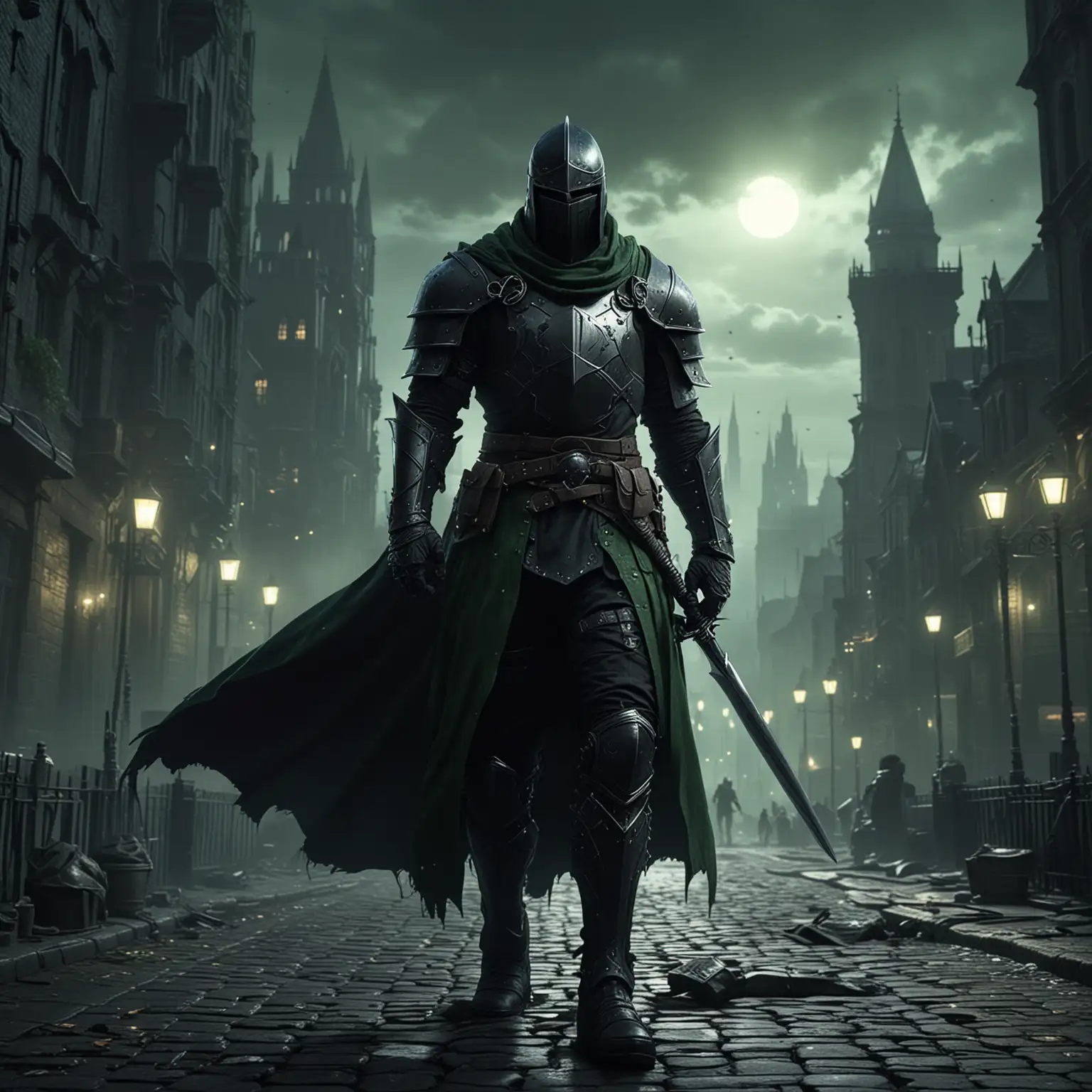 骑士游戏角色，穿黑绿色衣服，黑暗城市有氛围感的背景，有特效，黑绿色的色调，逼真，4k高清，