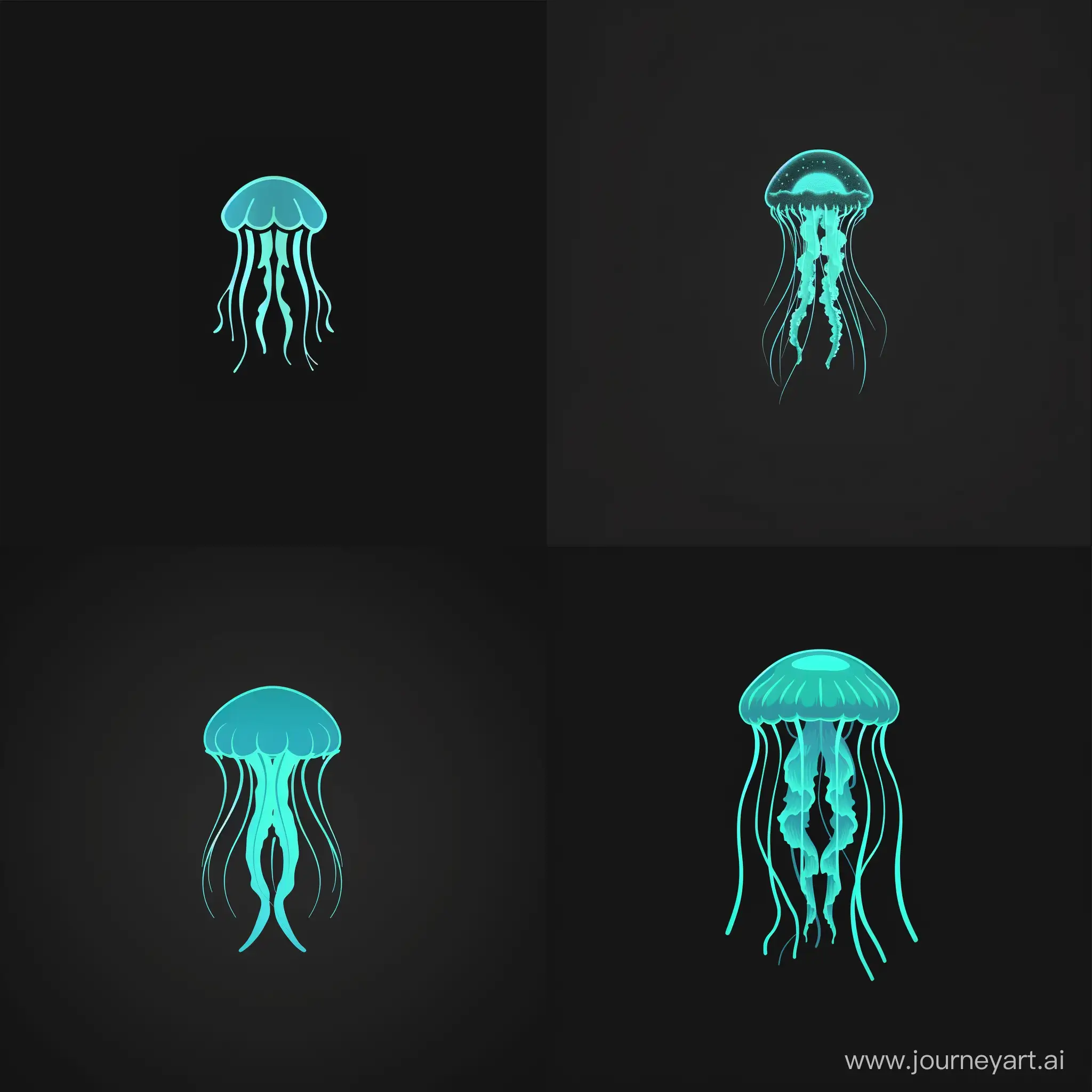 создать логотип, где в центре будет изображен кислотно-синяя медуза на черном фоне. настроение у медузы спокойное. логотип должен быть немного минималистичным, а медуза должна немного светиться зеленым свечением.