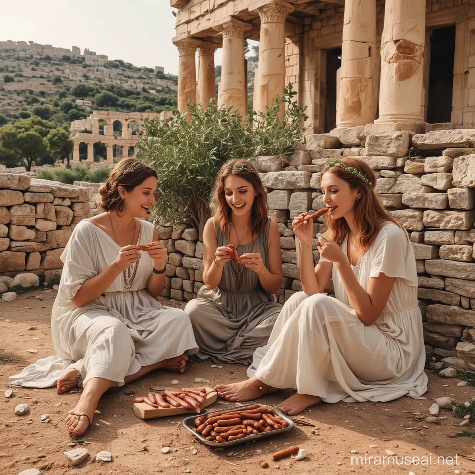 Tree French ladies eating sausages in ancient Greek ruins while making henna

