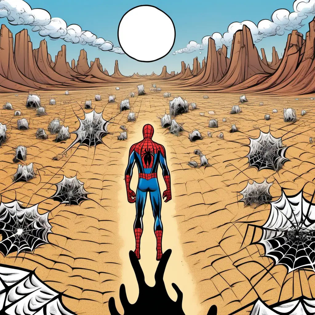 Spider-Man standing in a vast desert, head down, sad, head in hands, comic strip speech bubble spells the word "FUCK", spider webs on the ground
