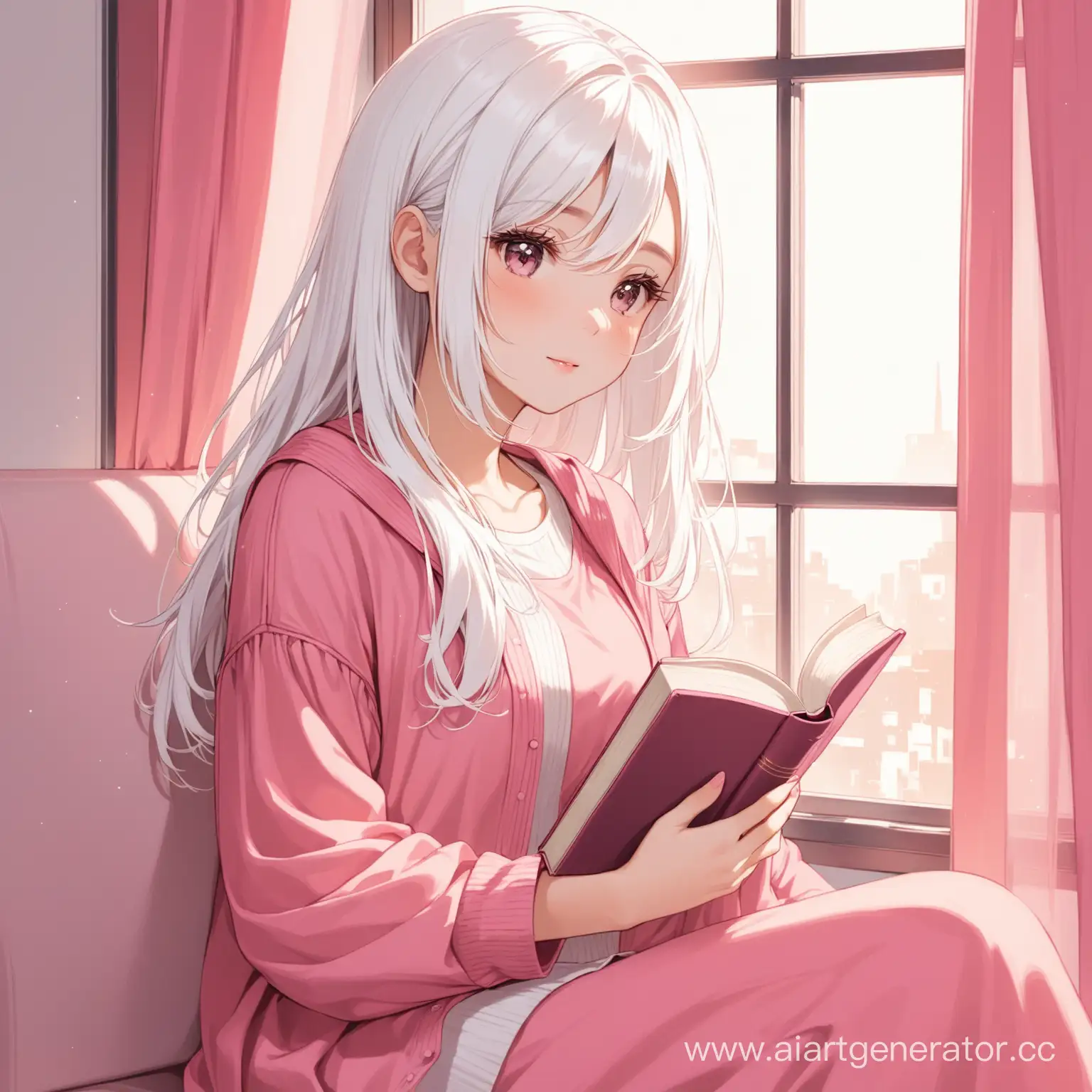 девушка с белыми волосами, сидит у окна, держа в руках книгу, в розовых тоннах